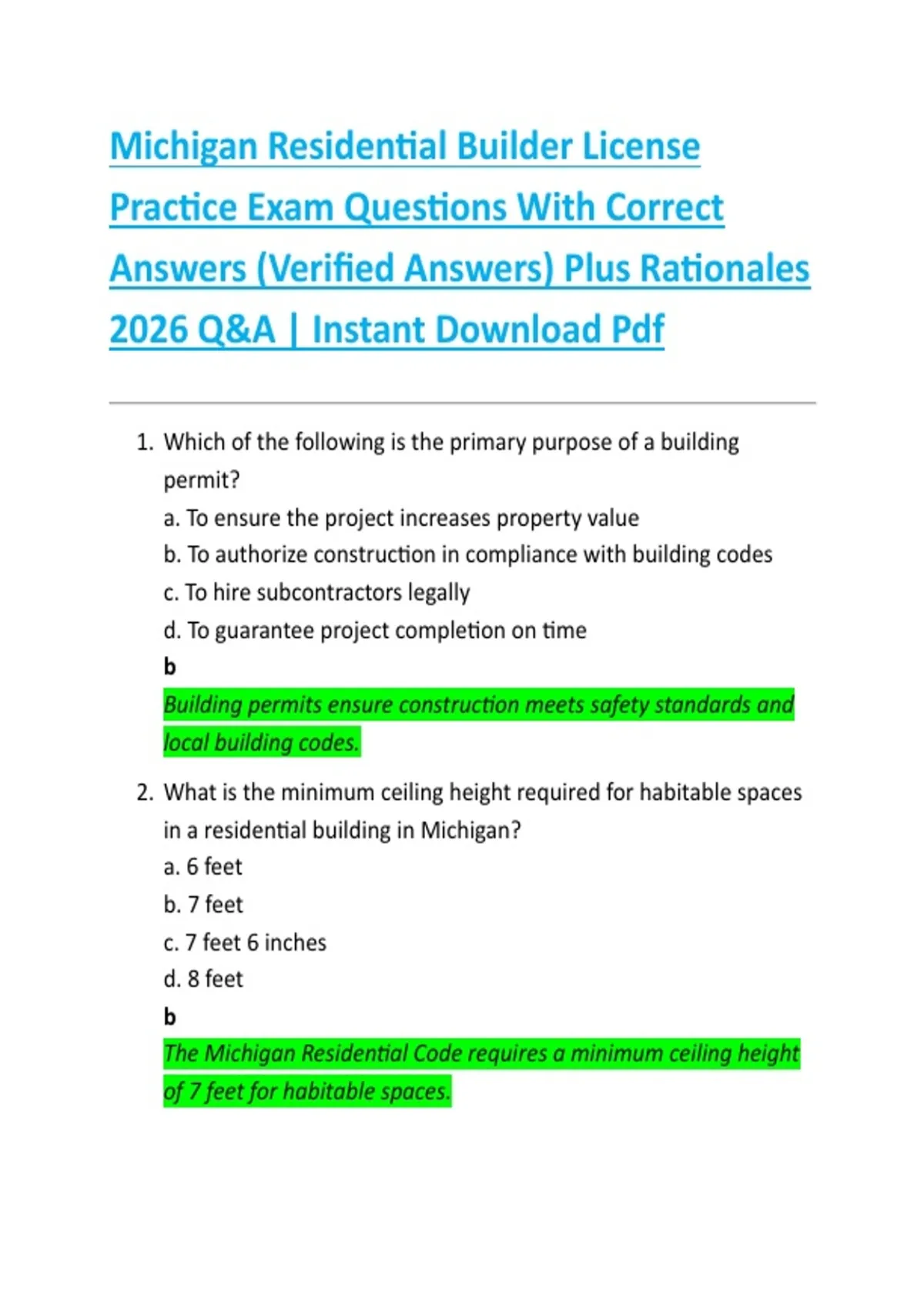 Michigan Residential Builder License Practice Exam Questions With ...