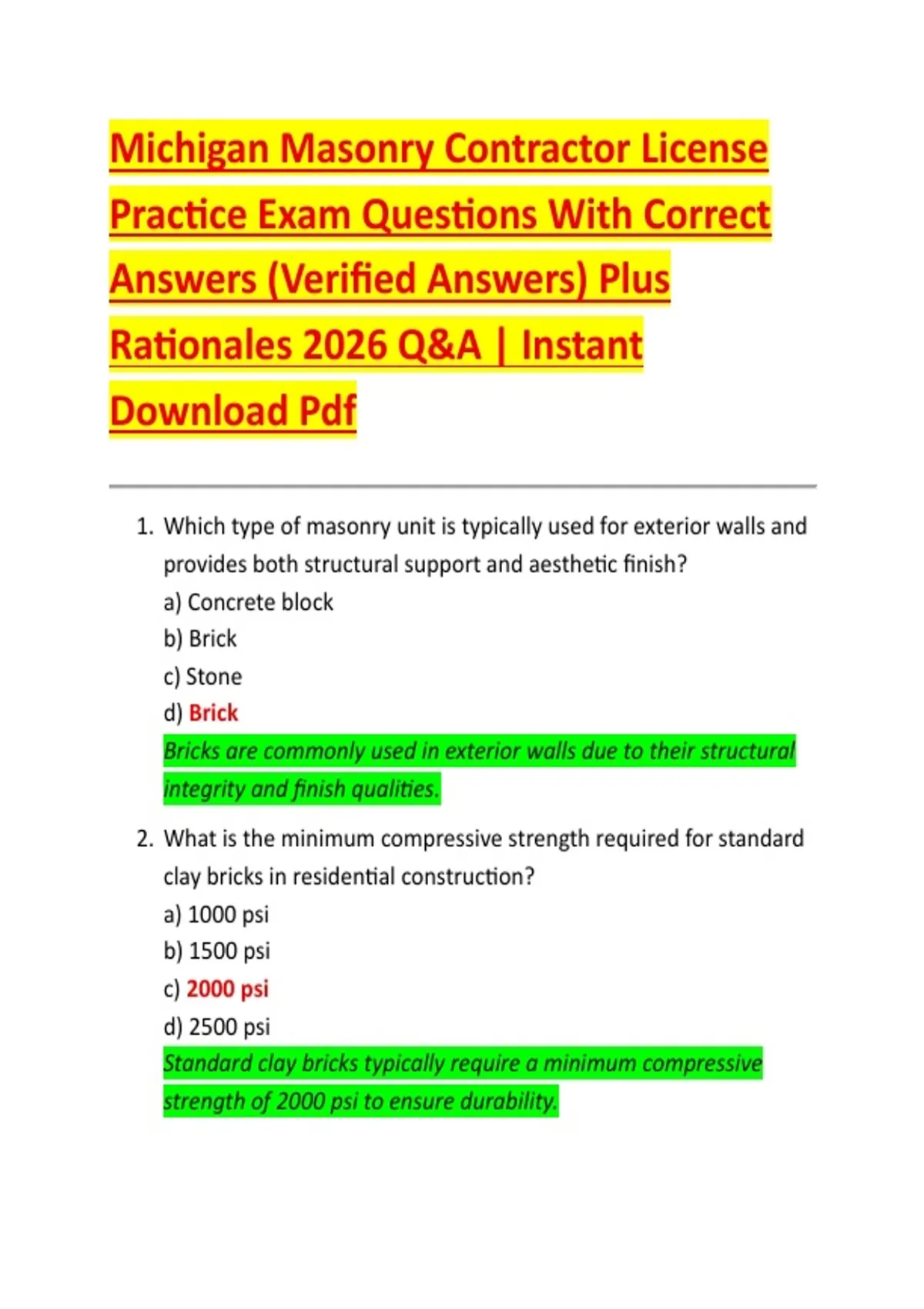 Masonry Practice Problem Bundle for Michigan Masonry Contractor License Practice Exam Questions ...