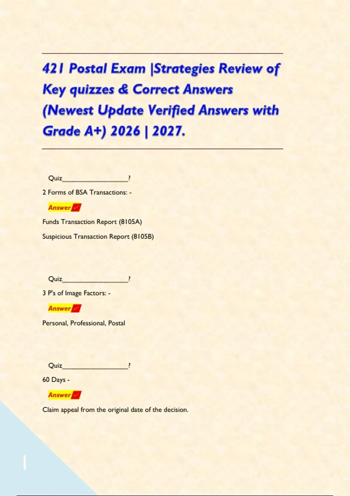 421 Postal Exam |Strategies Review of Key quizzes &amp; Correct Answers ...