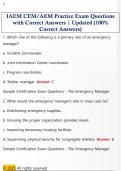 IAEM CEM&sol;AEM Practice Exam Questions  with Correct Answers &vert; Updated &lpar;100&percnt;  Correct Answers&rpar;