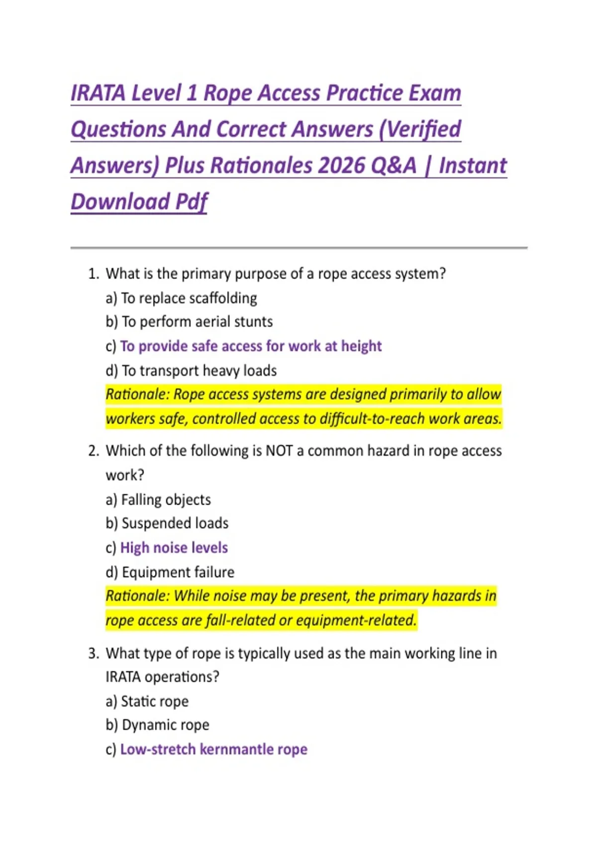 IRATA Level 1 Rope Access Practice Exam Questions And Correct Answers ...