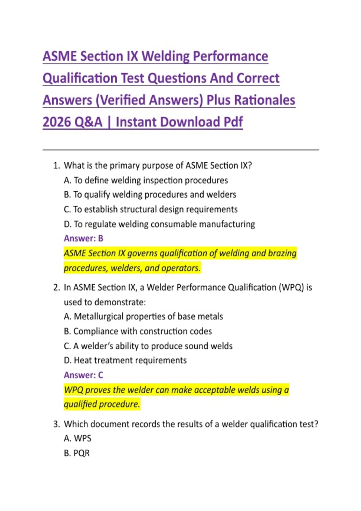 ASME Section IX Welding Performance Qualification Test Questions And Correct Answers (Verified ...