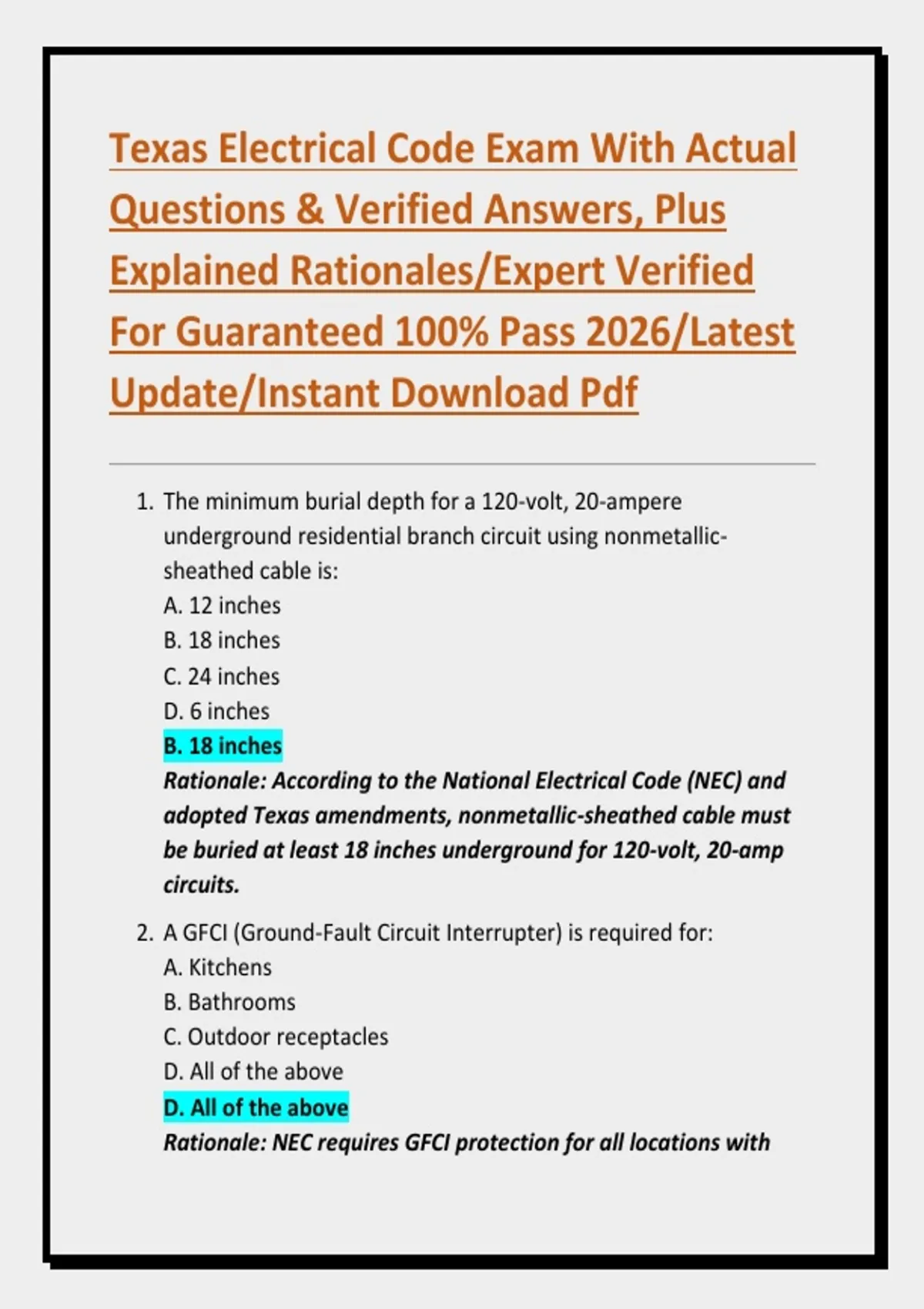 Texas Electrical Code Exam With Actual Questions & Verified Answers ...