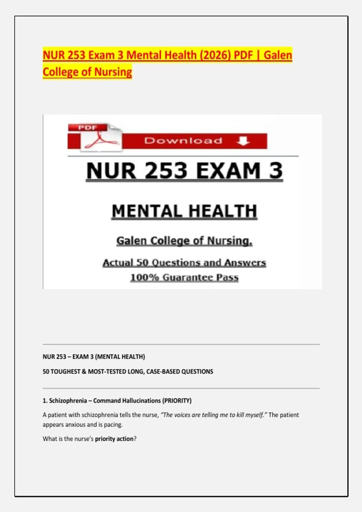 NUR 253 Exam 3 Mental Health (2026) PDF | Galen College of Nursing ...