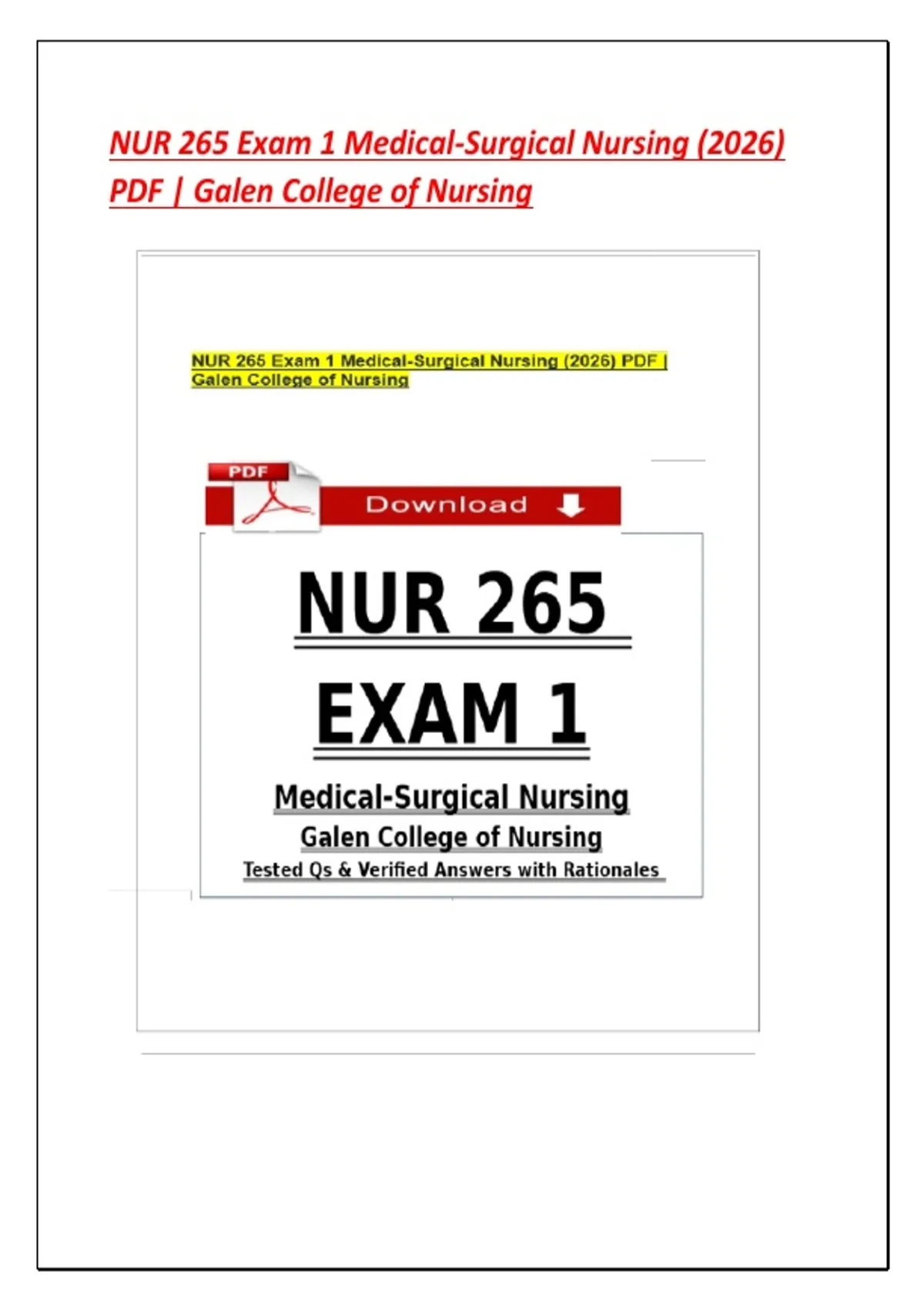 NUR 265 Exam 1 Medical-Surgical Nursing (2026) PDF | Galen College of ...