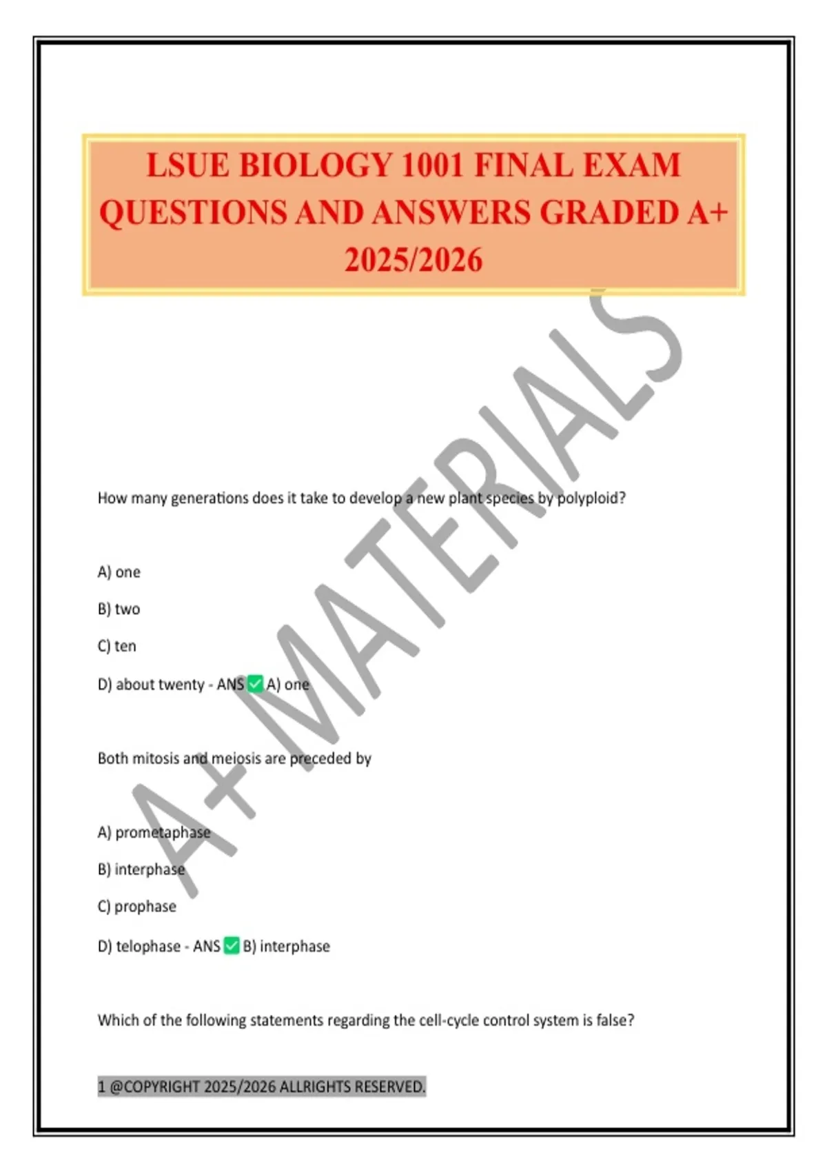 LSUE BIOLOGY 1001 FINAL EXAM QUESTIONS AND ANSWERS GRADED A+ 2025/2026 ...