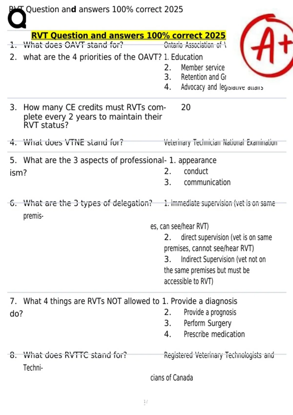 Rvt Sample RVT Question and answers 100% correct 2025 /2026 - RVT - Stuvia US