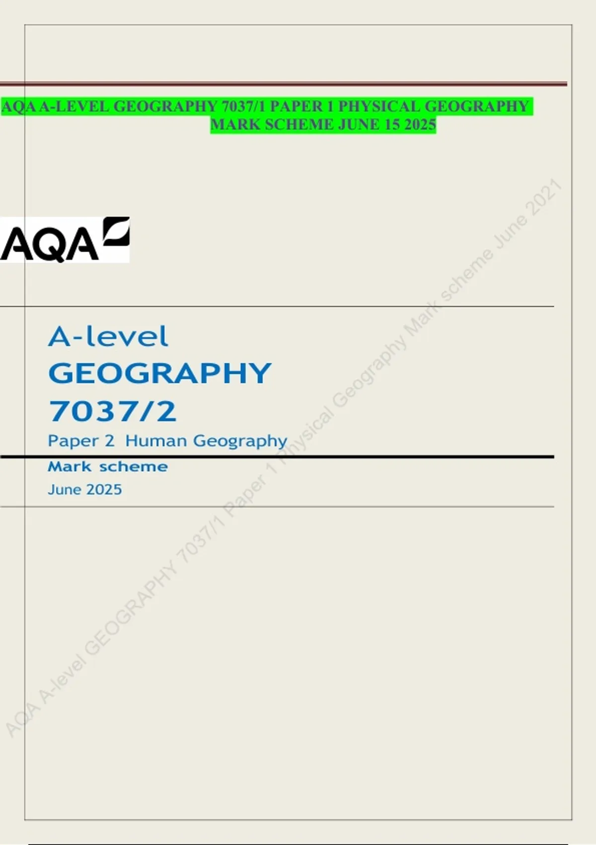 AQA A-Level Geography Paper 1 Physical Geography Mark Scheme June 2025 ...