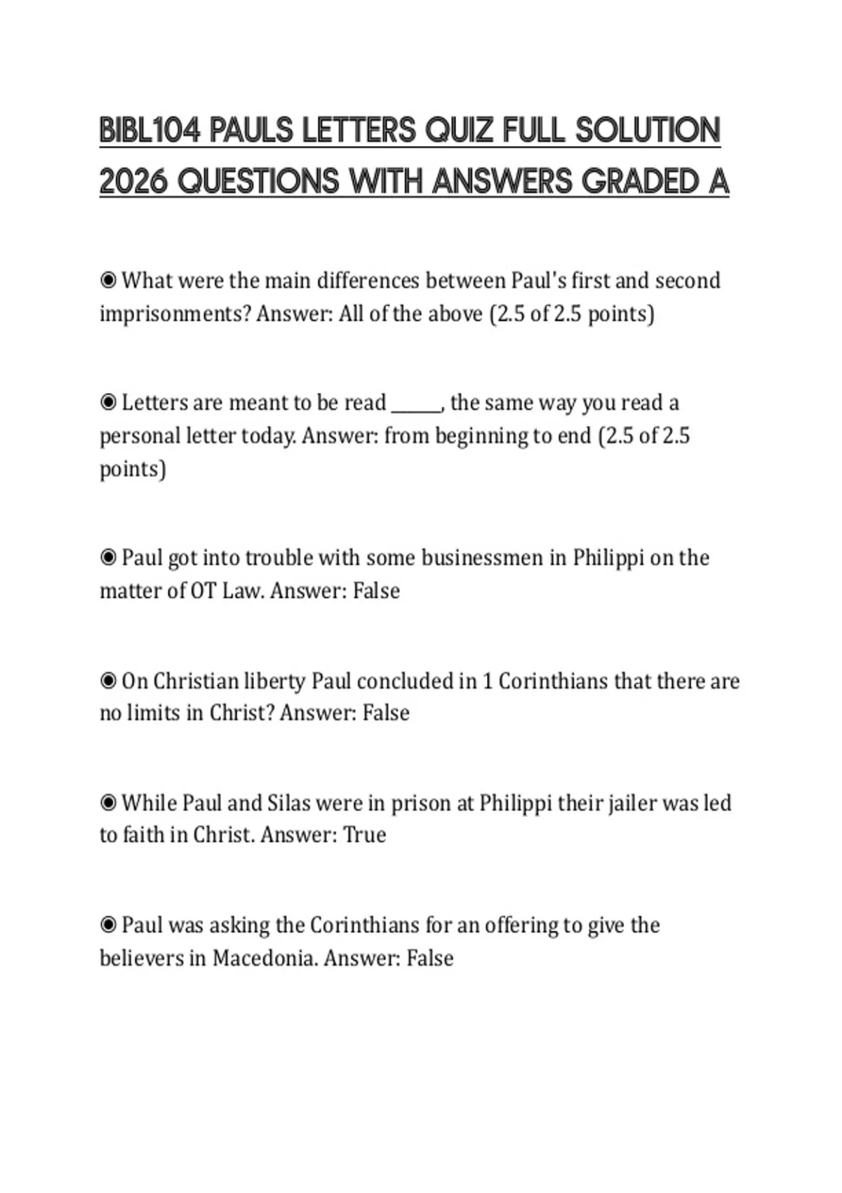 BIBL104 PAULS LETTERS QUIZ FULL SOLUTION 2026 QUESTIONS WITH ANSWERS ...