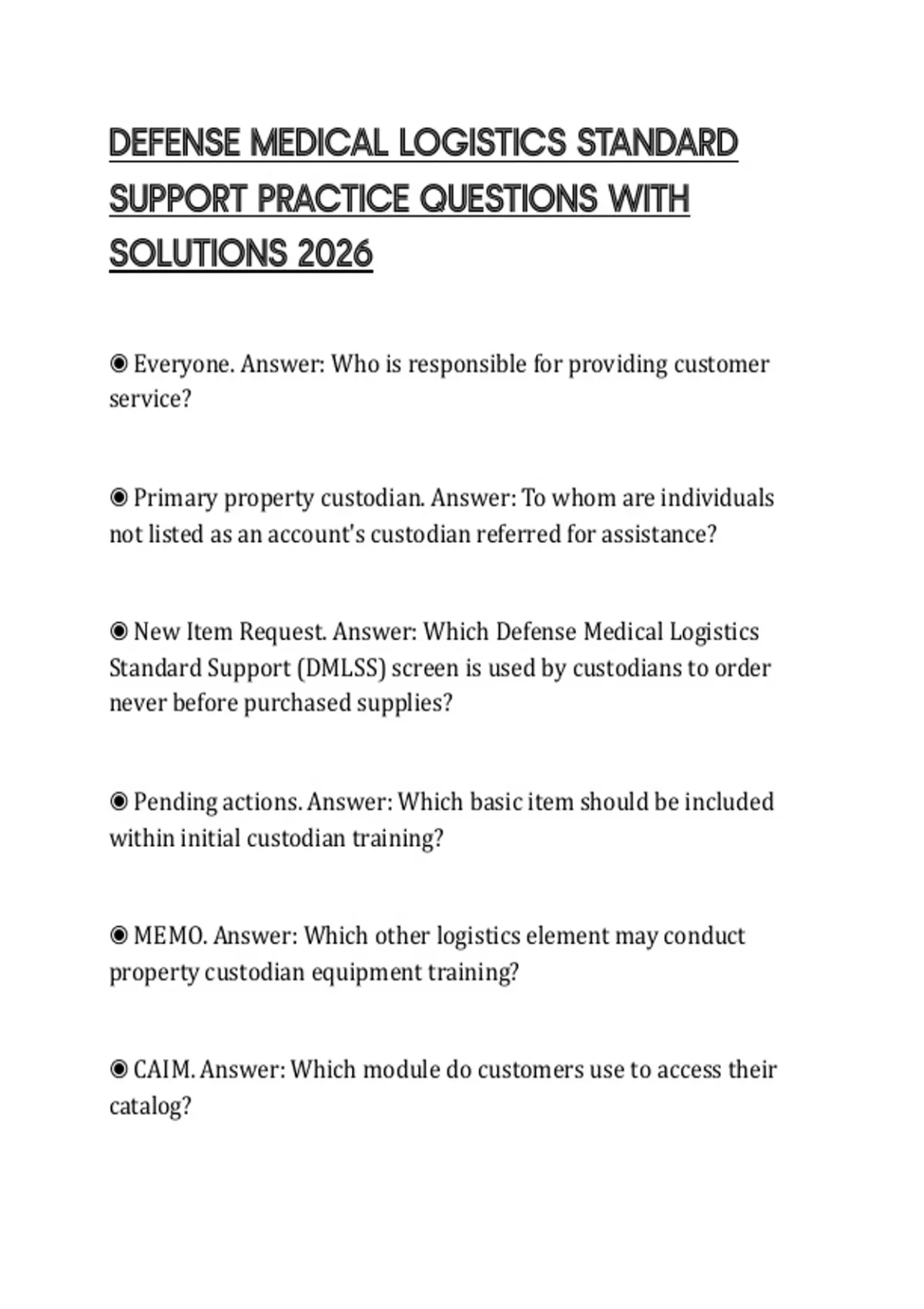 DEFENSE MEDICAL LOGISTICS STANDARD SUPPORT PRACTICE QUESTIONS WITH ...