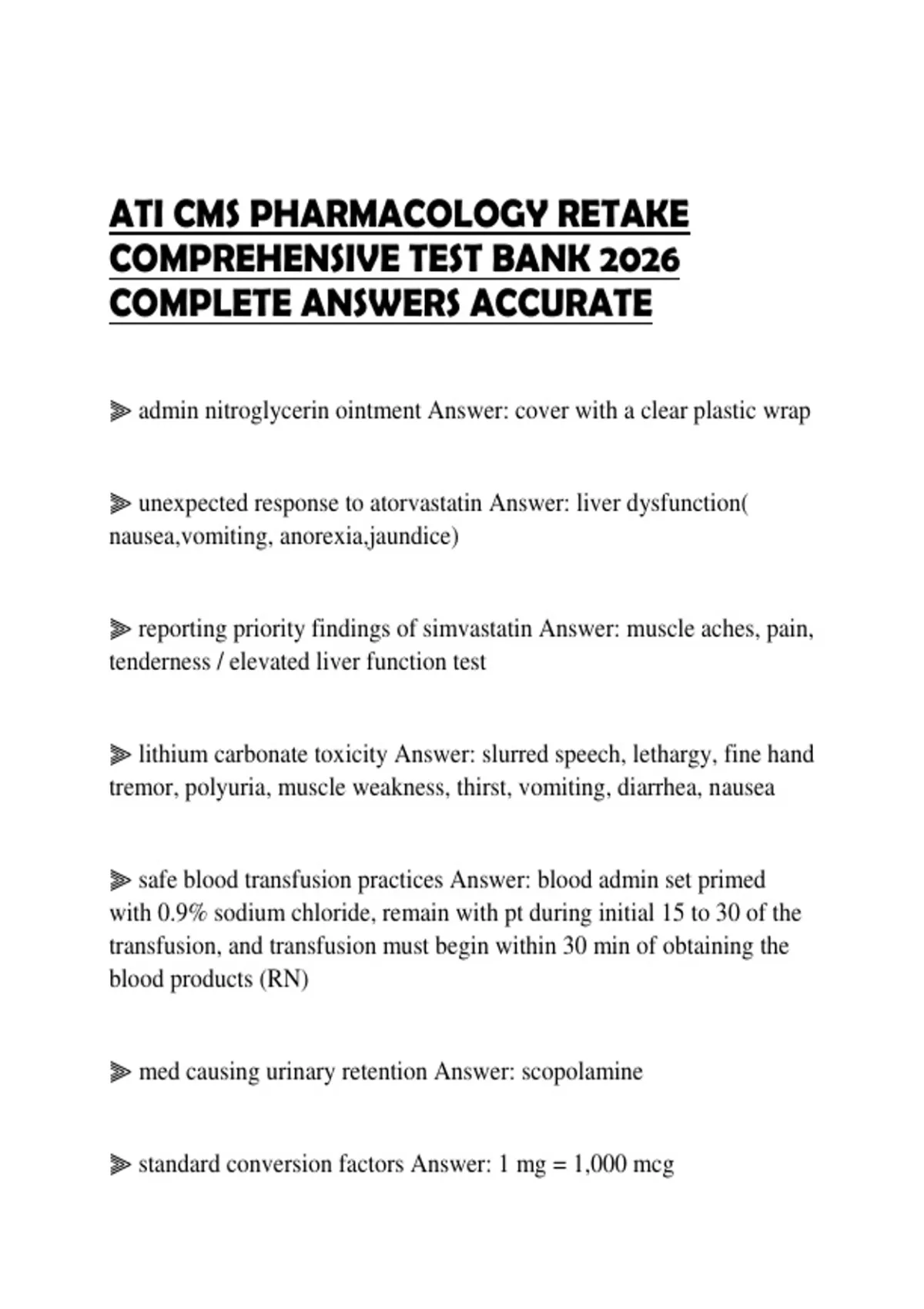 ATI CMS PHARMACOLOGY RETAKE COMPREHENSIVE TEST BANK 2026 COMPLETE ...