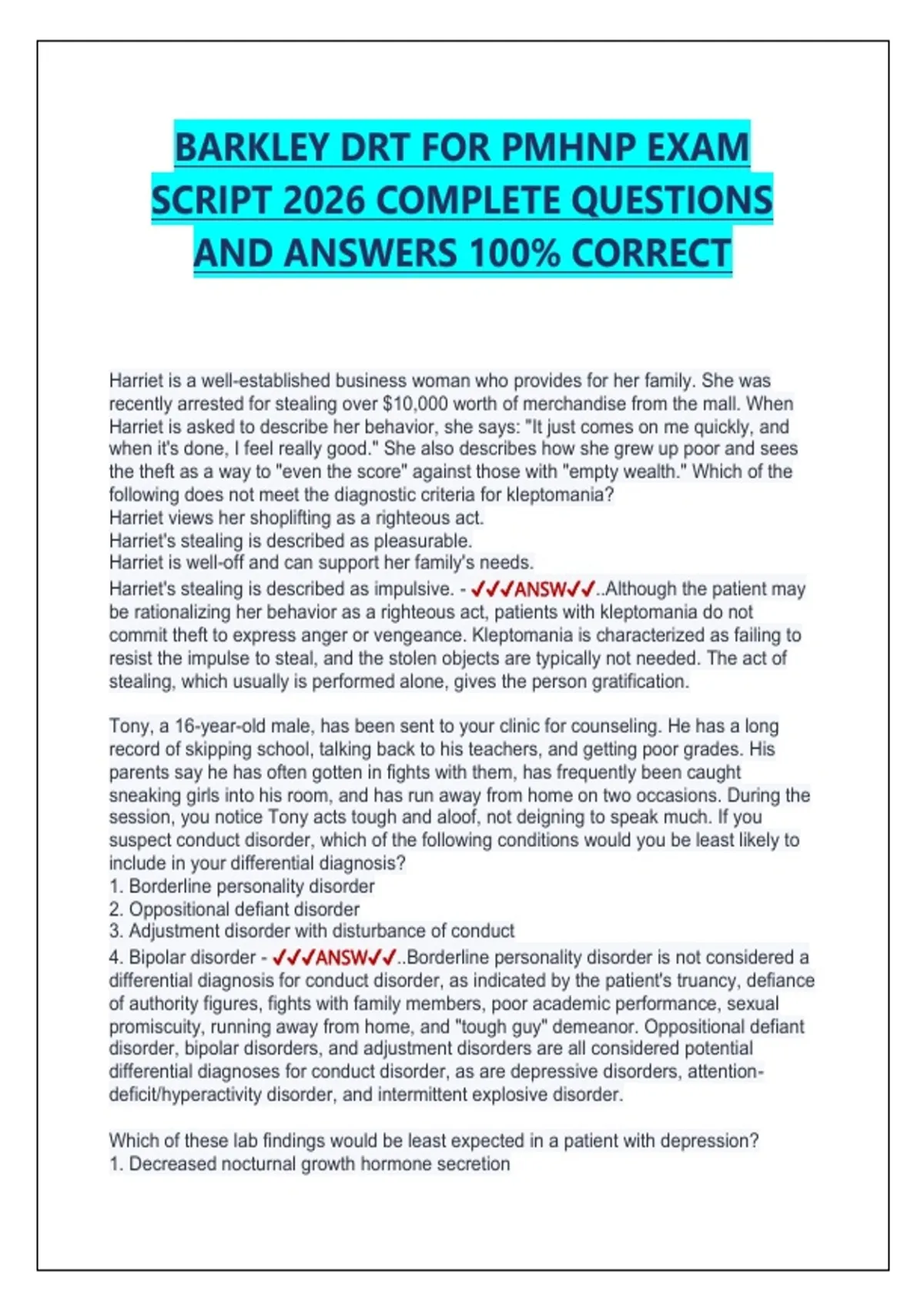BARKLEY DRT FOR PMHNP EXAM SCRIPT 2026 COMPLETE QUESTIONS AND ANSWERS 100% CORRECT - 3x@m ...