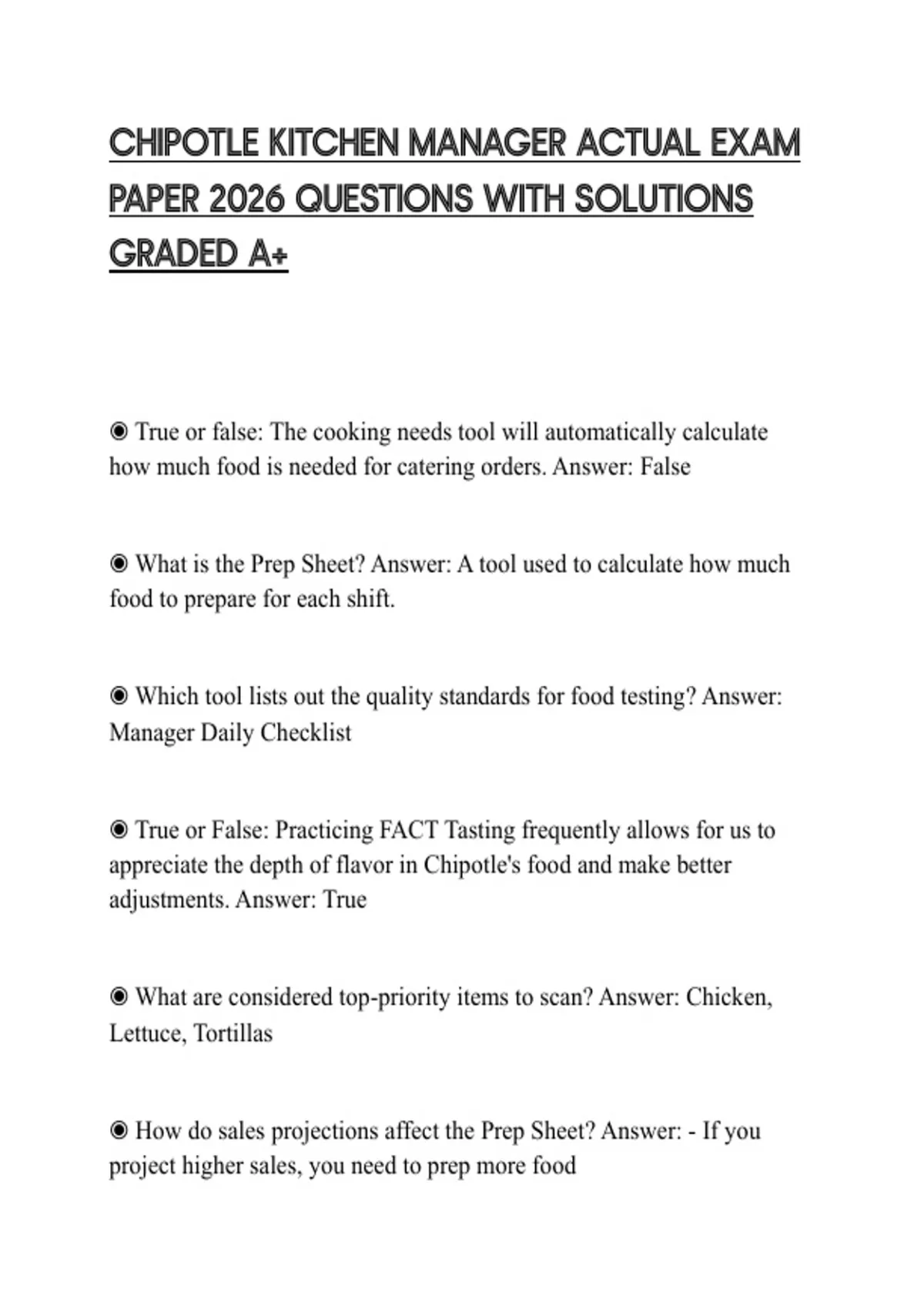 Chipotle Questions CHIPOTLE KITCHEN MANAGER ACTUAL EXAM PAPER 2026 QUESTIONS WITH ...