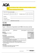 2025 AQA GCSE Business Paper 1 Influences of operations and HRM on business  activity  Question Paper with Marking Scheme Attached 