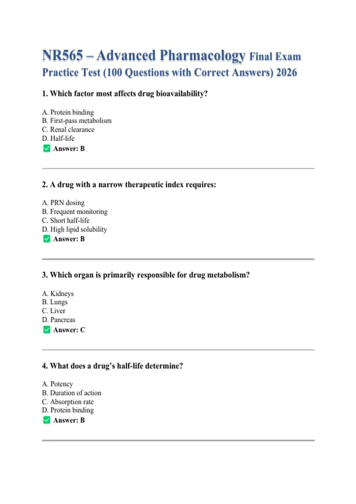 NR565 – Advanced Pharmacology Final Exam Practice Test (100 Questions ...