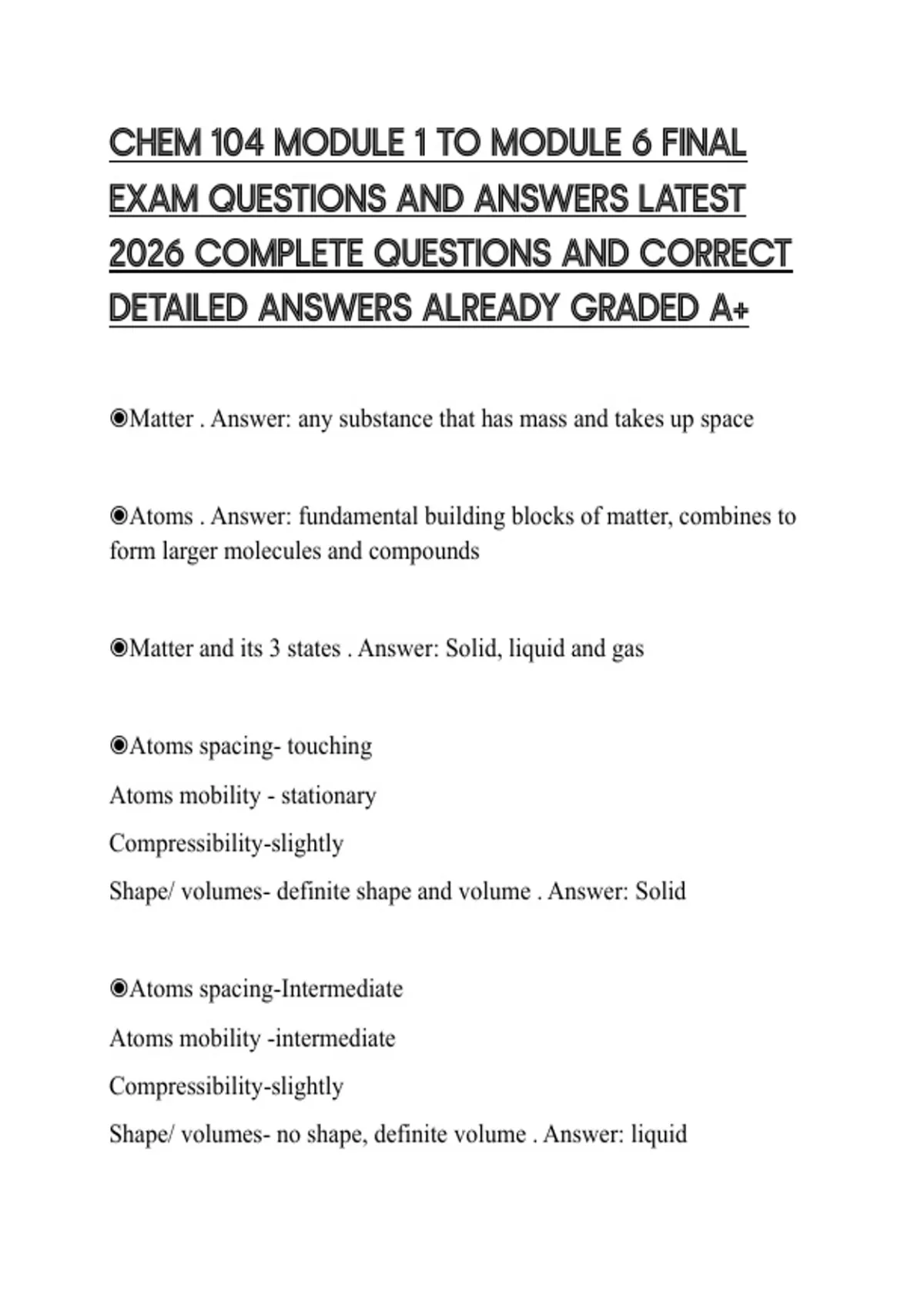 CHEM 104 MODULE 1 TO MODULE 6 FINAL EXAM QUESTIONS AND ANSWERS LATEST ...