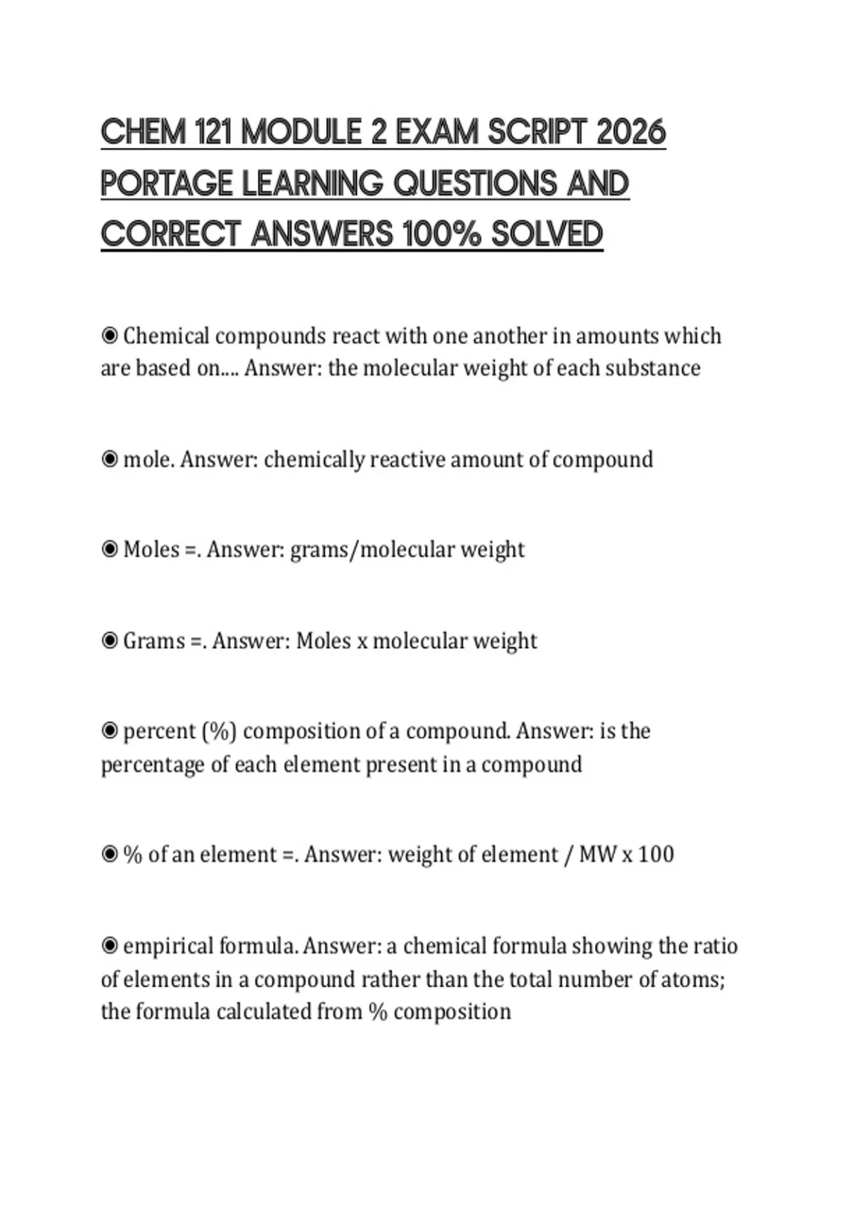 CHEM 121 MODULE 2 EXAM SCRIPT 2026 PORTAGE LEARNING QUESTIONS AND ...