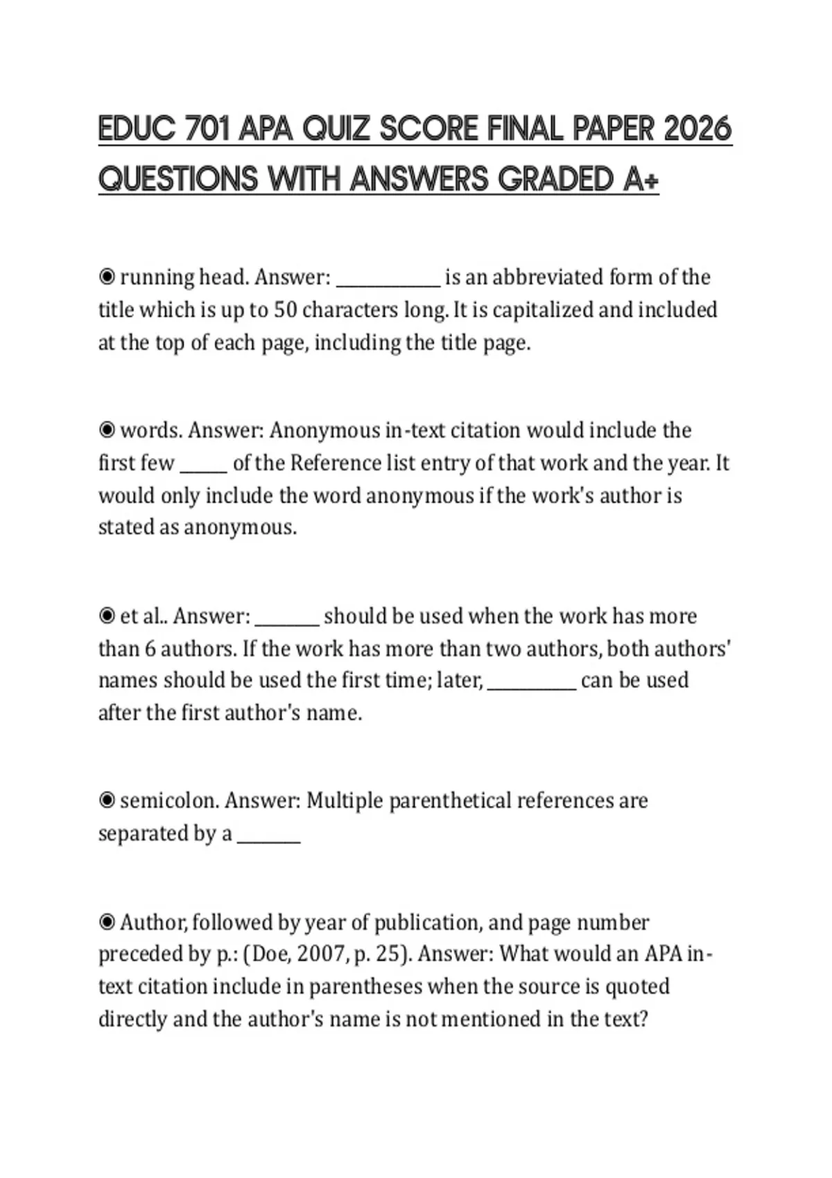 EDUC 701 APA QUIZ SCORE FINAL PAPER 2026 QUESTIONS WITH ANSWERS GRADED ...