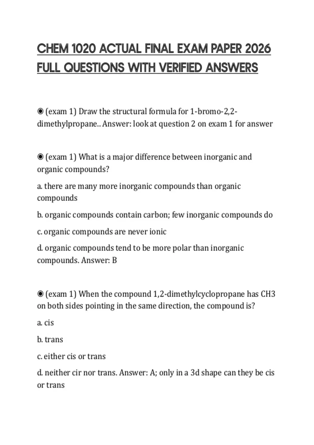 CHEM 1020 ACTUAL FINAL EXAM PAPER 2026 FULL QUESTIONS WITH VERIFIED ...