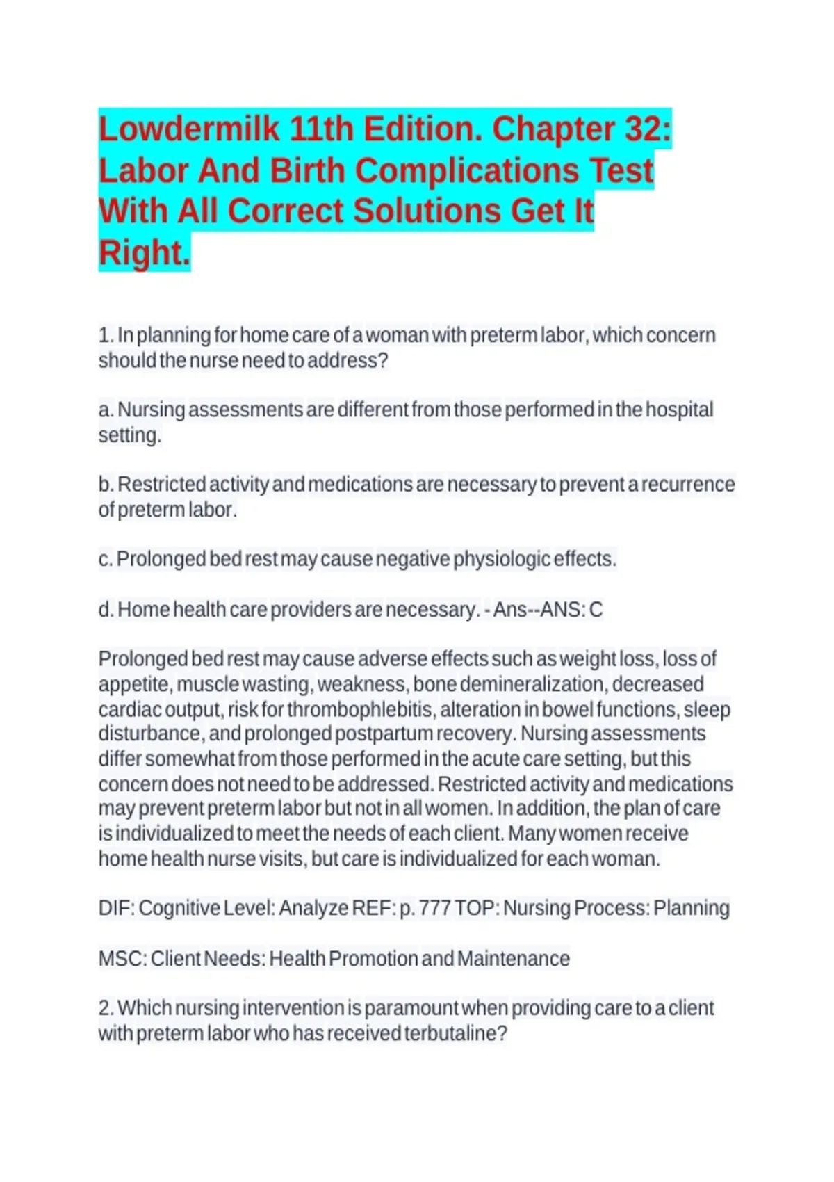 Lowdermilk 11th Edition. Chapter 32: Labor And Birth Complications Test ...
