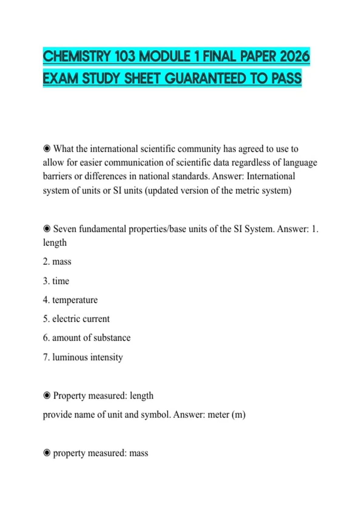 CHEMISTRY 103 MODULE 1 FINAL PAPER 2026 EXAM STUDY SHEET GUARANTEED TO ...