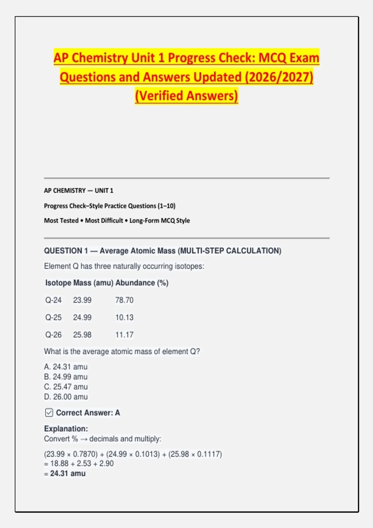 AP Chemistry Unit 1 Progress Check: MCQ Exam Questions and Answers ...