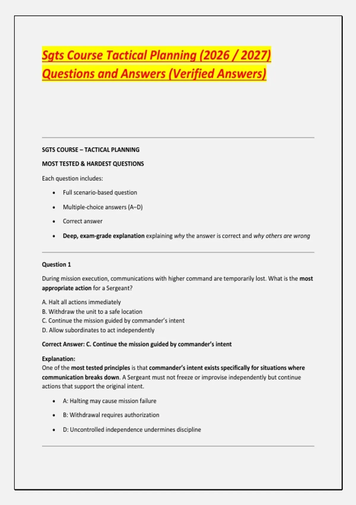 Questions Tactical Sgts Course Tactical Planning (2026 / 2027) Questions and Answers ...