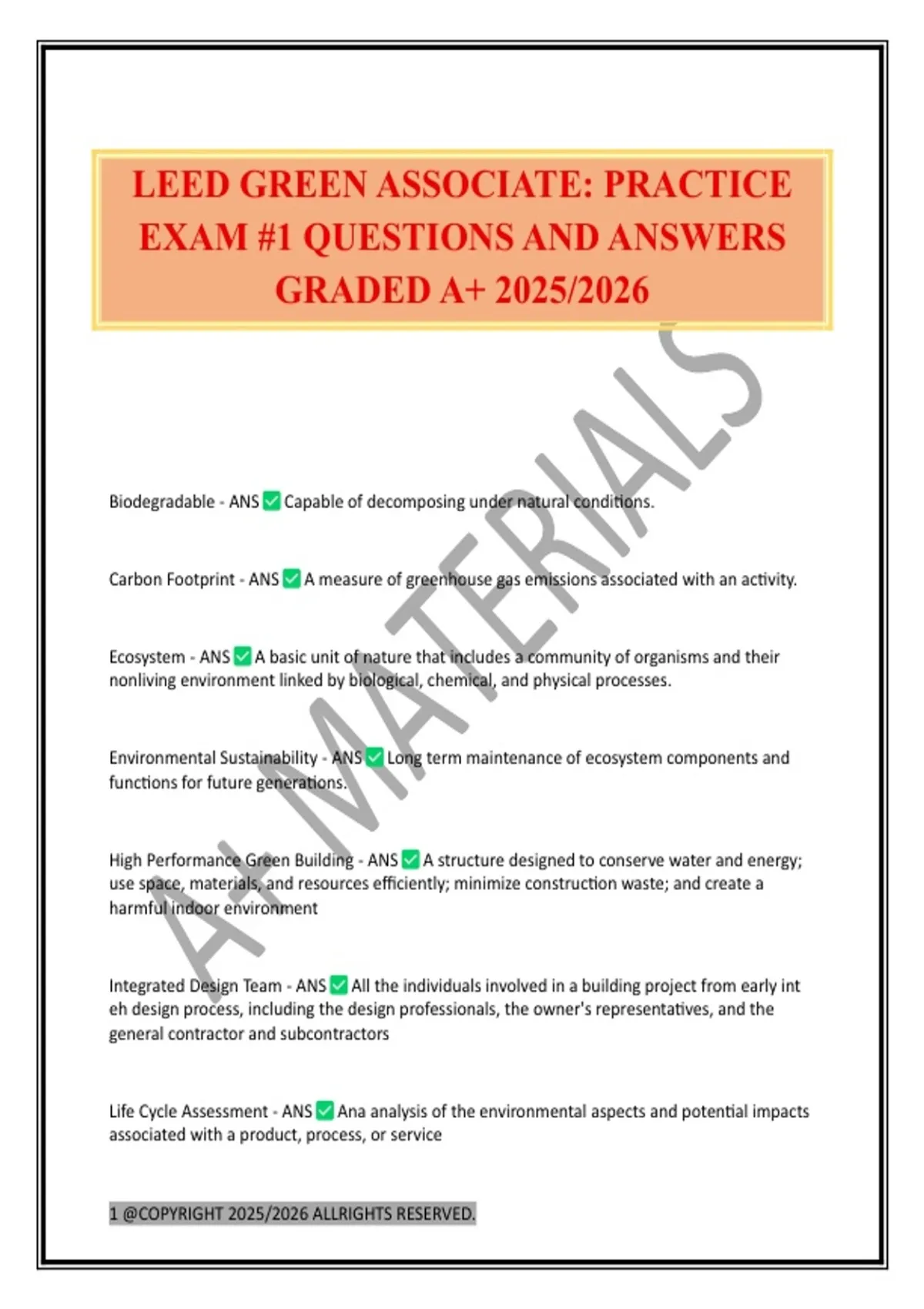 LEED GREEN ASSOCIATE: PRACTICE EXAM #1 QUESTIONS AND ANSWERS GRADED A+ ...