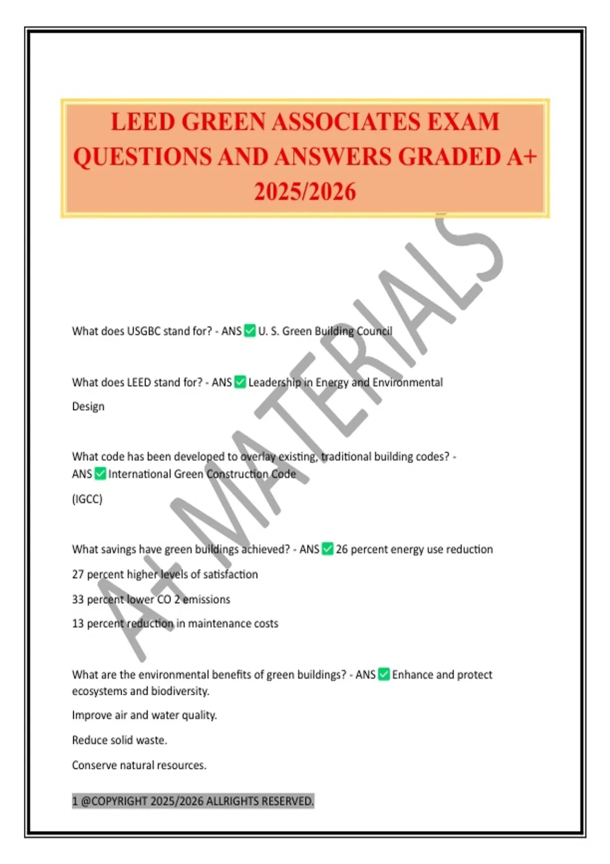 LEED GREEN ASSOCIATES EXAM QUESTIONS AND ANSWERS GRADED A+ 2025/2026 ...