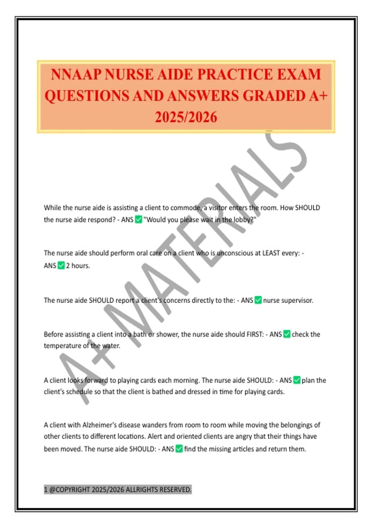 NNAAP NURSE AIDE PRACTICE EXAM QUESTIONS AND ANSWERS GRADED A+ 2025/ ...