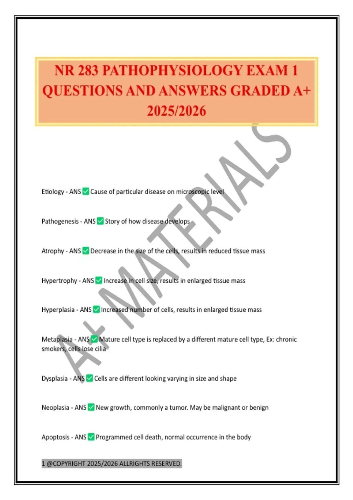 NR 283 PATHOPHYSIOLOGY EXAM 1 QUESTIONS AND ANSWERS GRADED A+ 2025/2026 ...