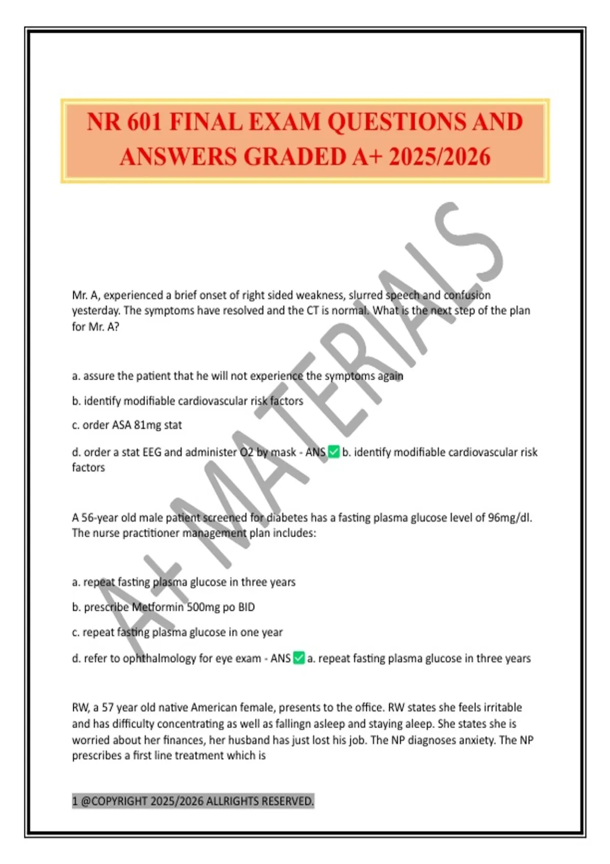 NR 601 FINAL EXAM QUESTIONS AND ANSWERS GRADED A+ 2025/2026 - NR 601 ...