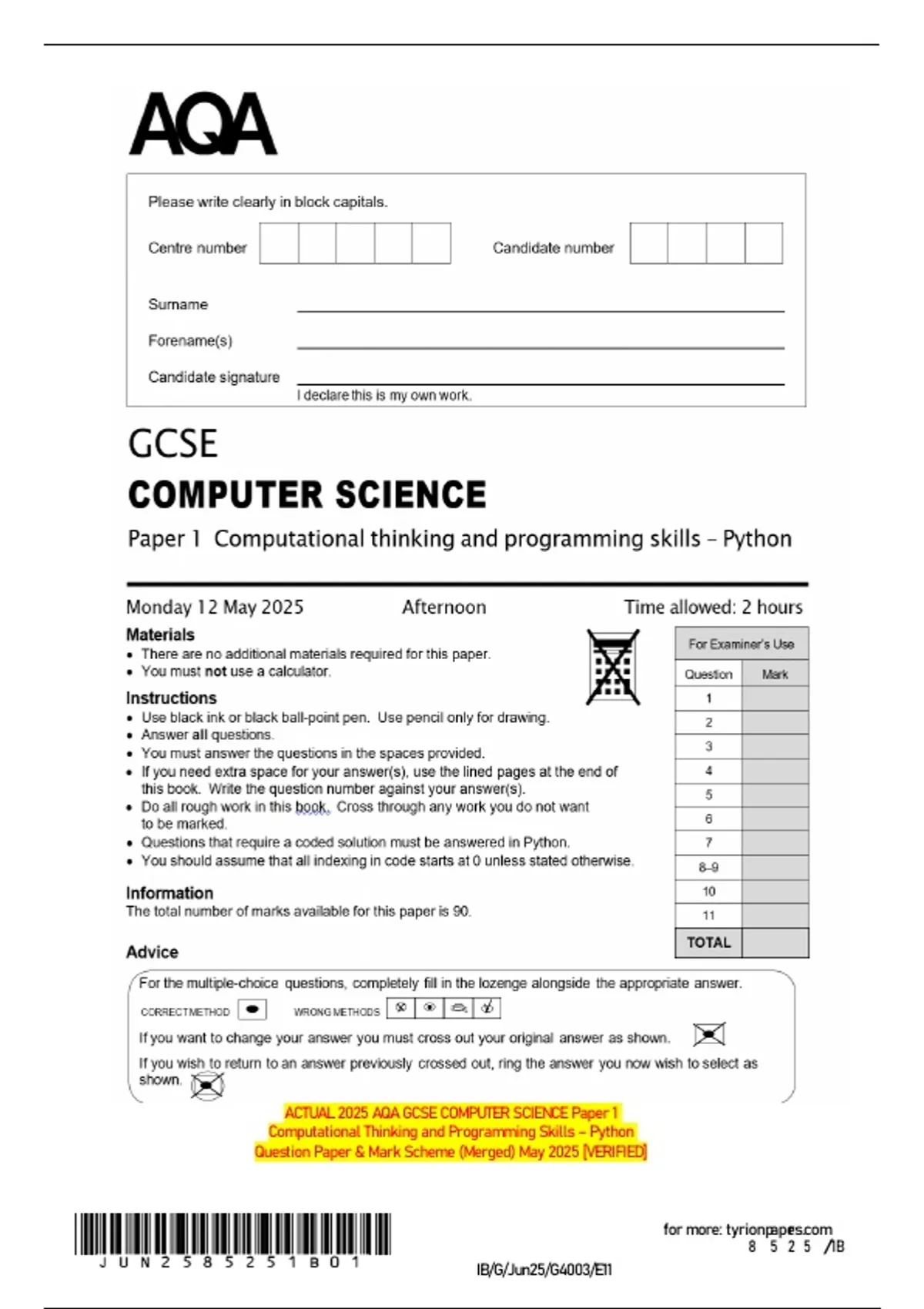 ACTUAL 2025 AQA GCSE COMPUTER SCIENCE Paper 1 Computational Thinking ...