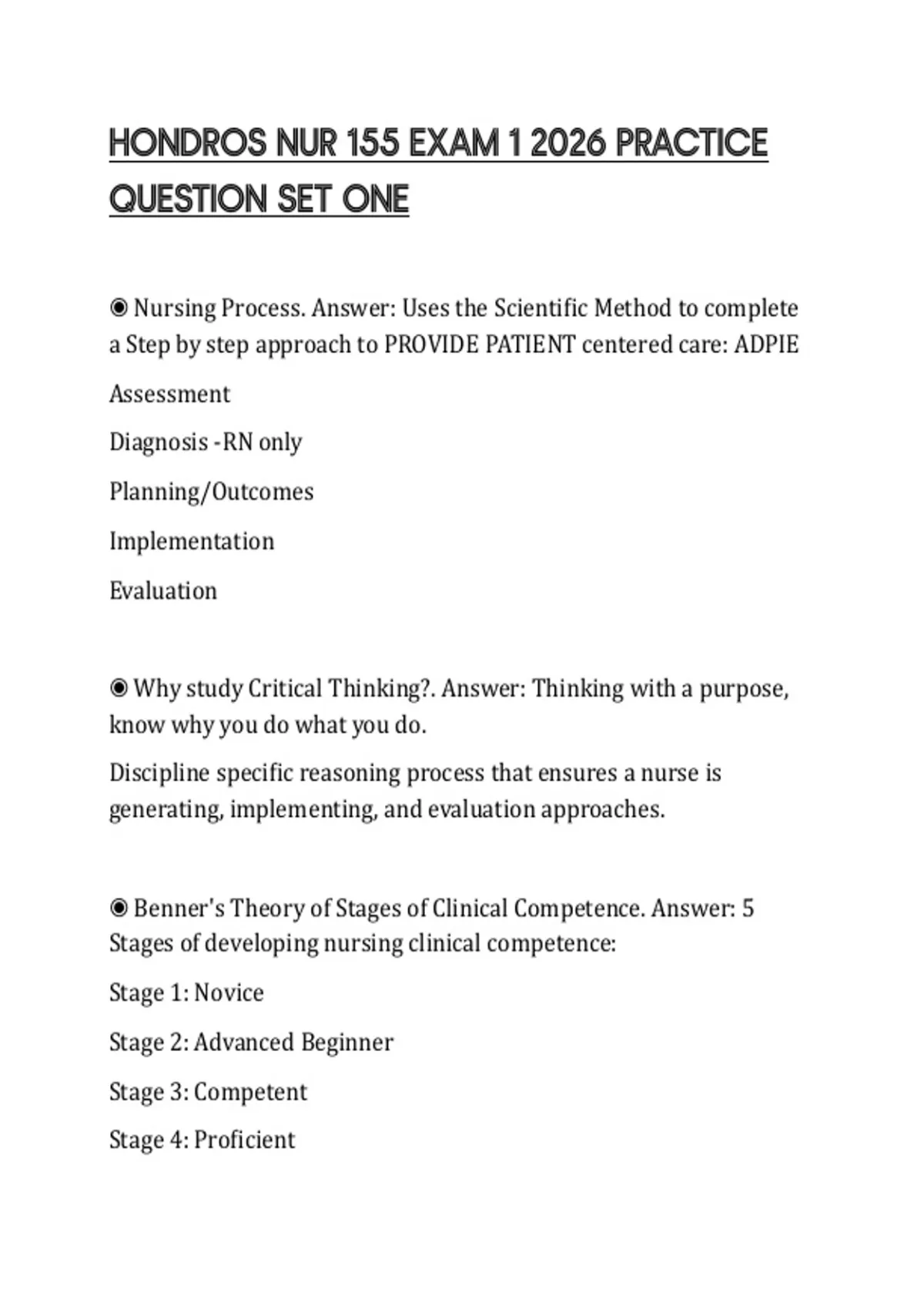 HONDROS NUR 155 EXAM 1 2026 PRACTICE QUESTION SET ONE - HONDROS NUR 155 ...