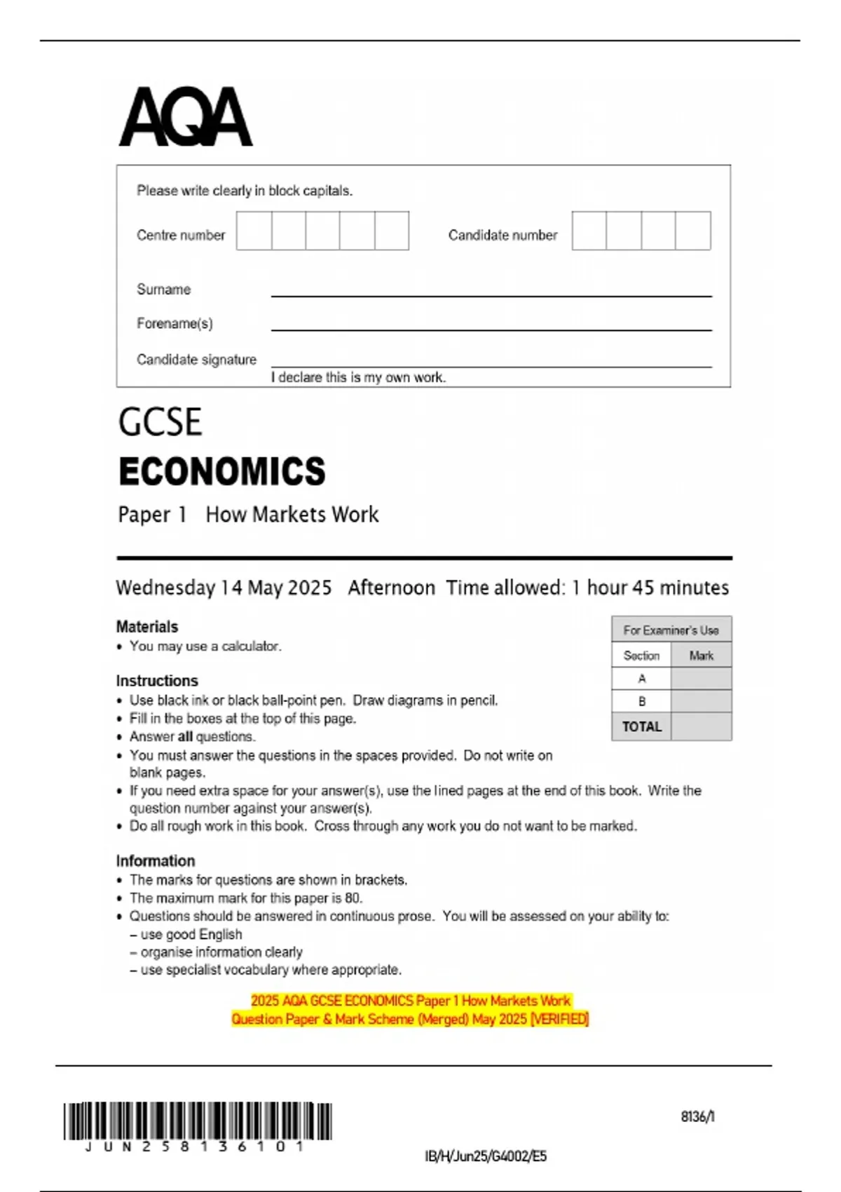 2025 AQA GCSE ECONOMICS Paper 1 How Markets Work Question Paper & Mark ...