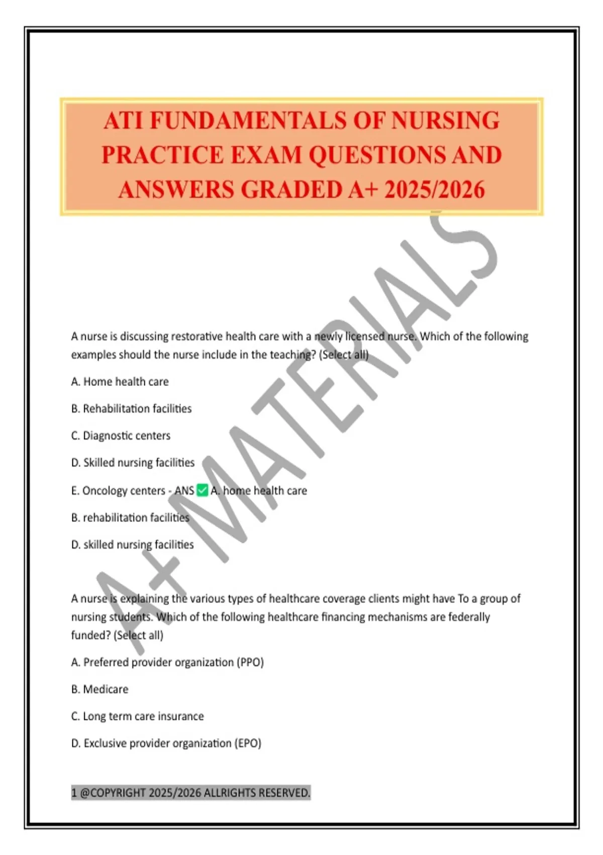 ATI FUNDAMENTALS OF NURSING PRACTICE EXAM QUESTIONS AND ANSWERS GRADED ...