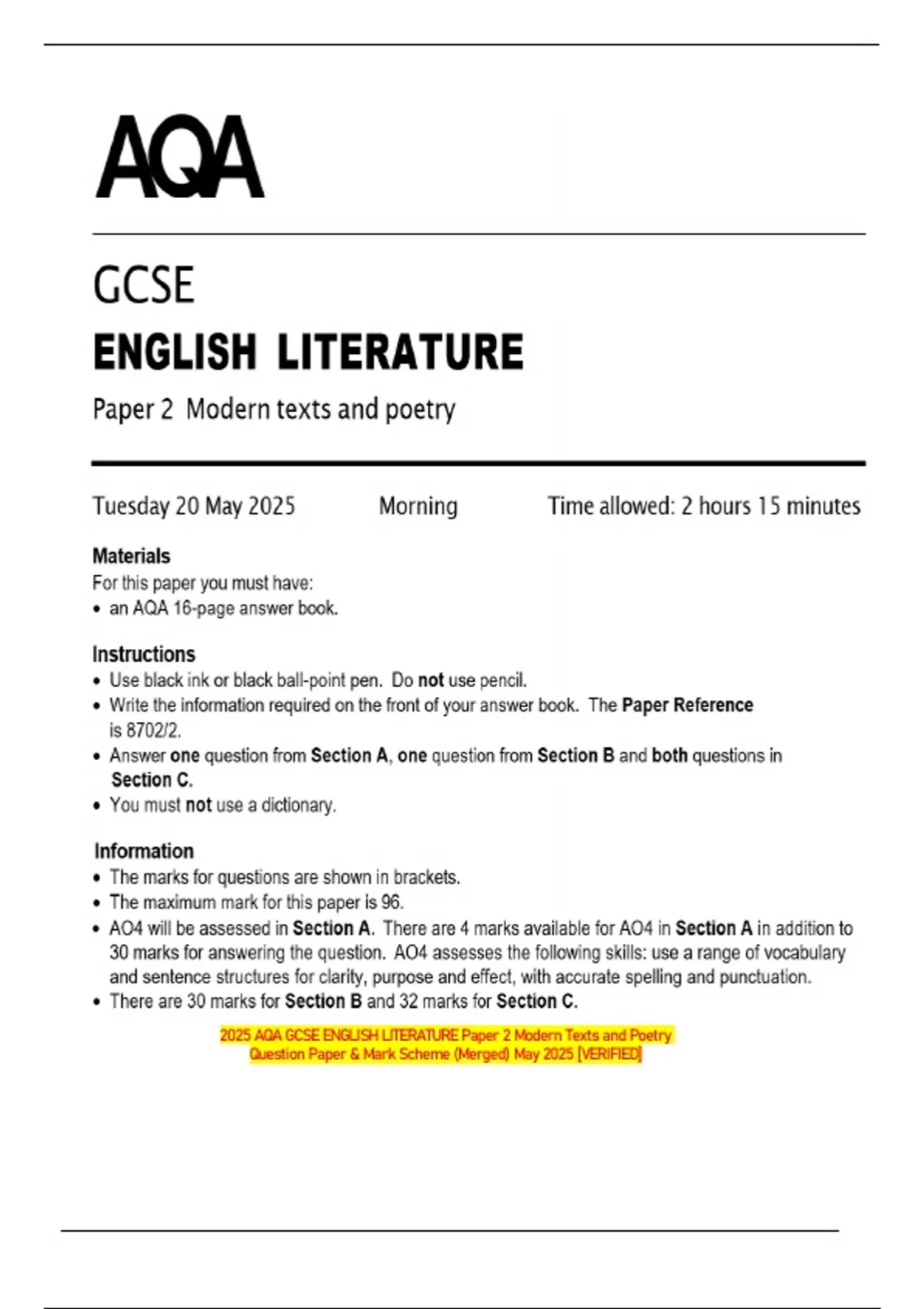 2025 AQA GCSE ENGLISH LITERATURE Paper 2 Modern Texts and Poetry ...
