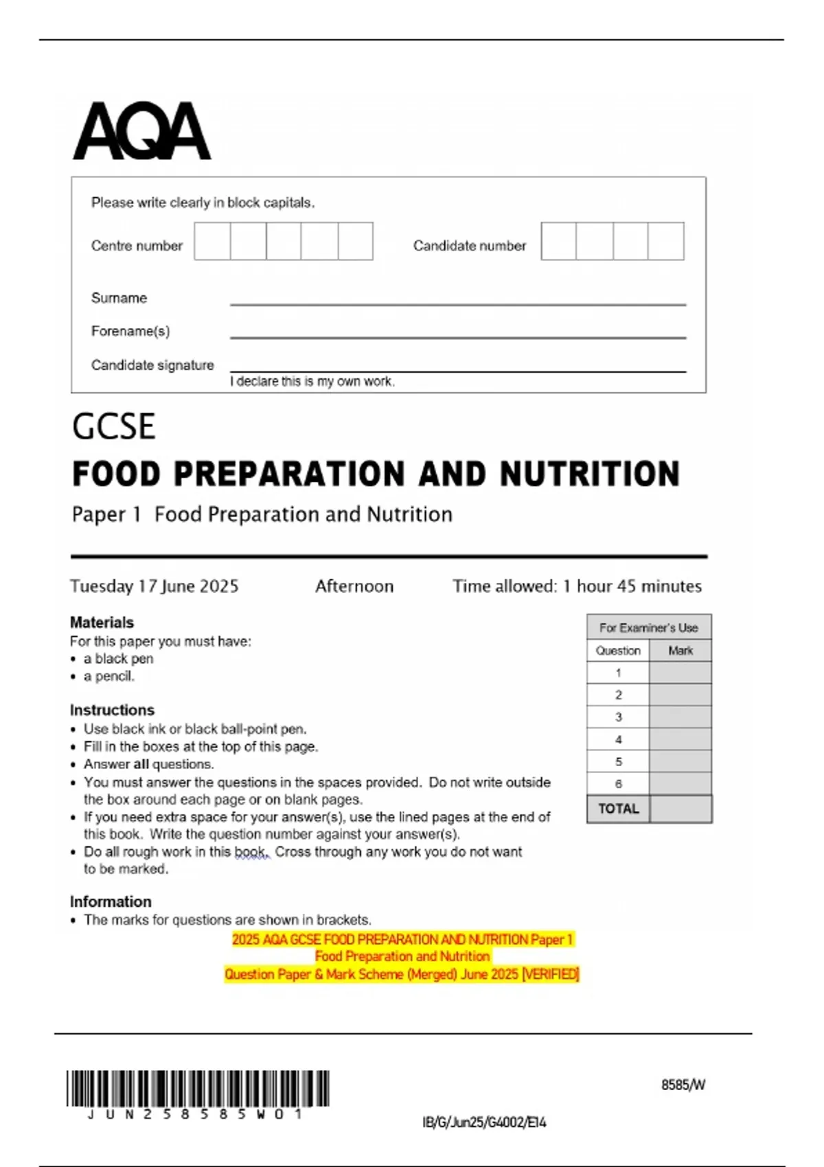 2025 AQA GCSE FOOD PREPARATION AND NUTRITION Paper 1 Food Preparation ...