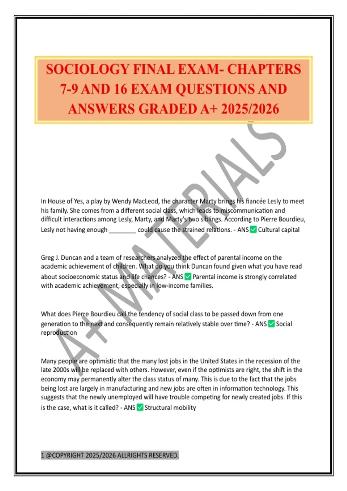 SOCIOLOGY FINAL EXAM- CHAPTERS 7-9 AND 16 EXAM QUESTIONS AND ANSWERS ...
