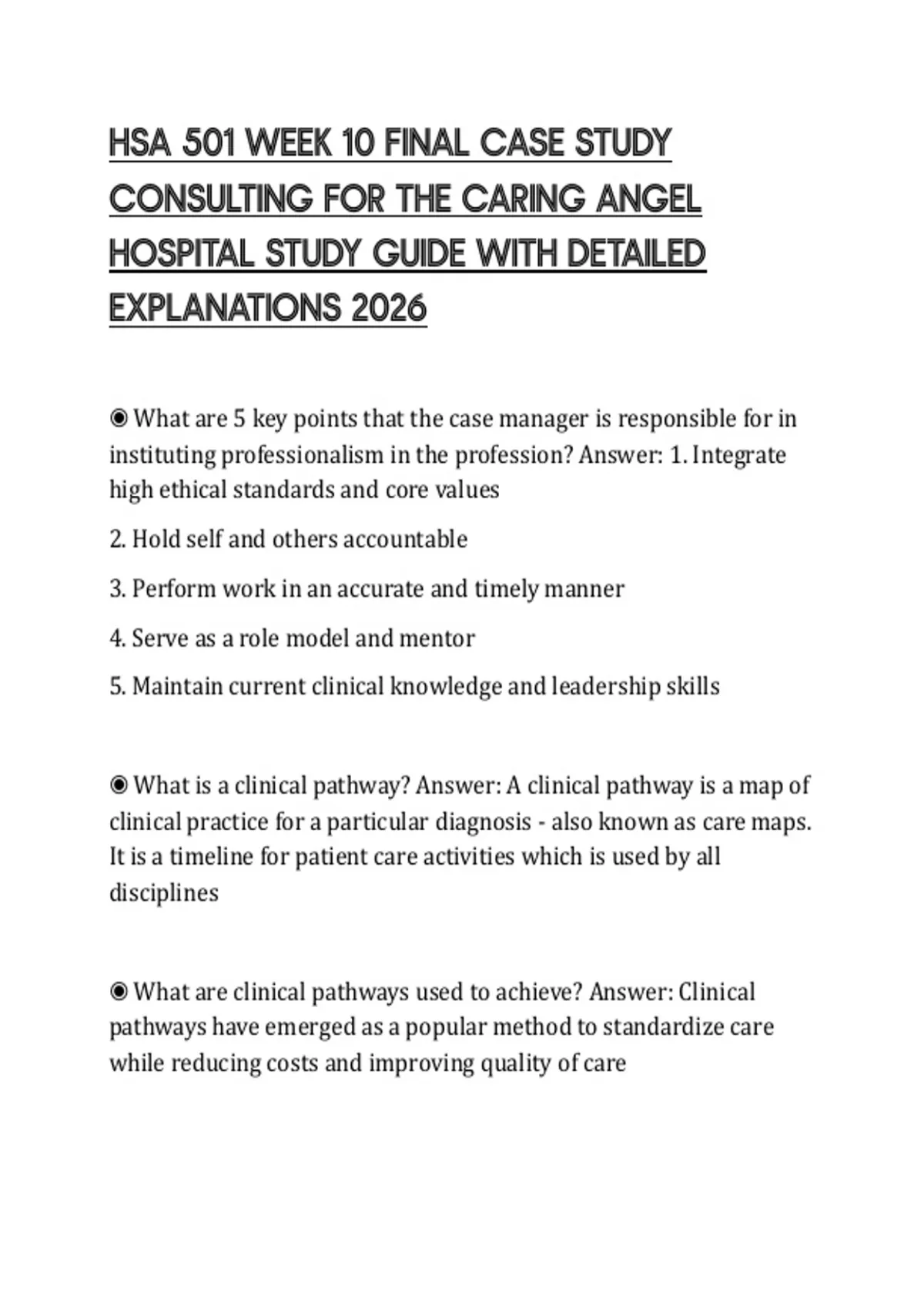 HSA 501 WEEK 10 FINAL CASE STUDY CONSULTING FOR THE CARING ANGEL ...