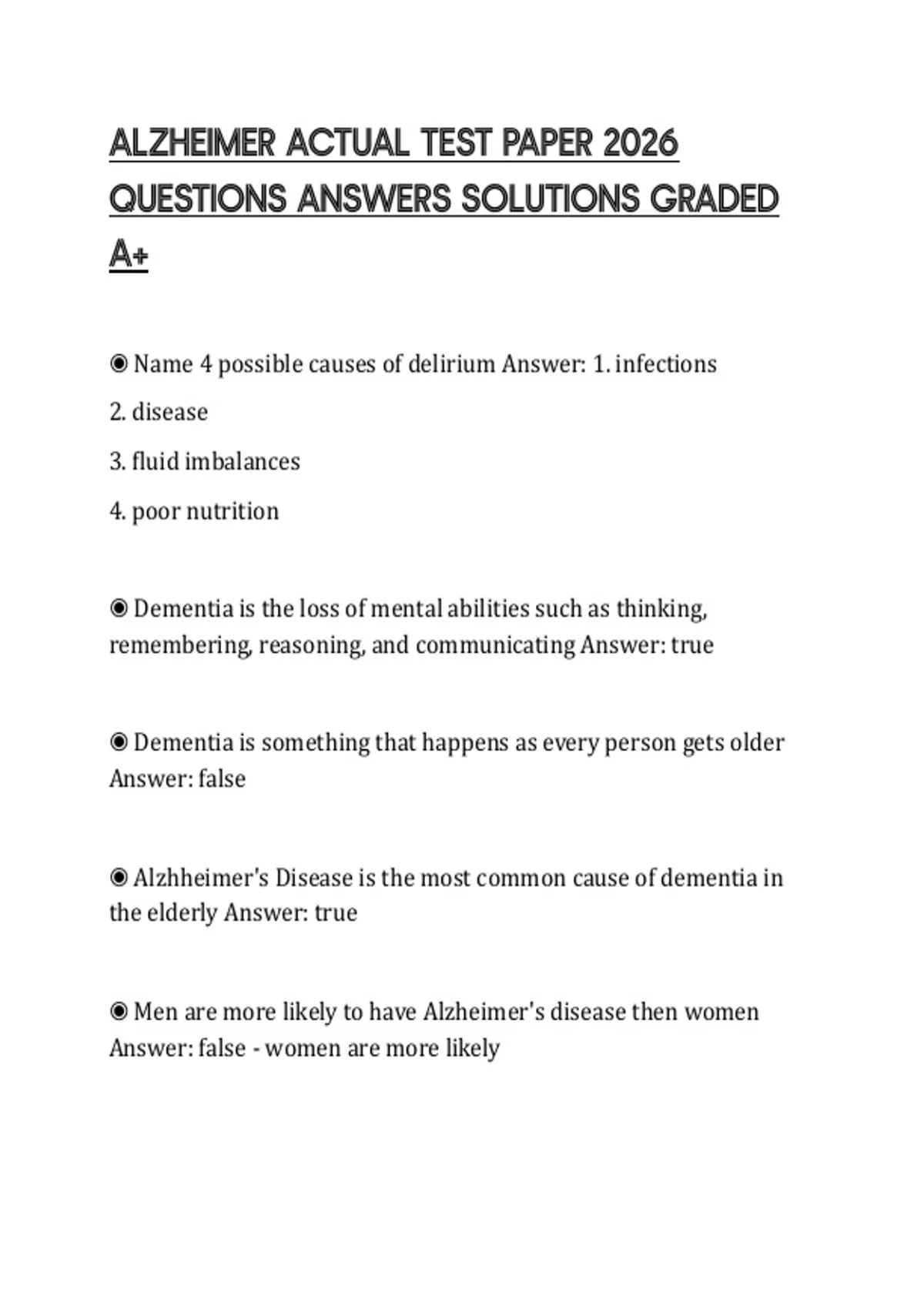 ALZHEIMER ACTUAL TEST PAPER 2026 QUESTIONS ANSWERS SOLUTIONS GRADED A+ - ALZHEIMER - Stuvia US
