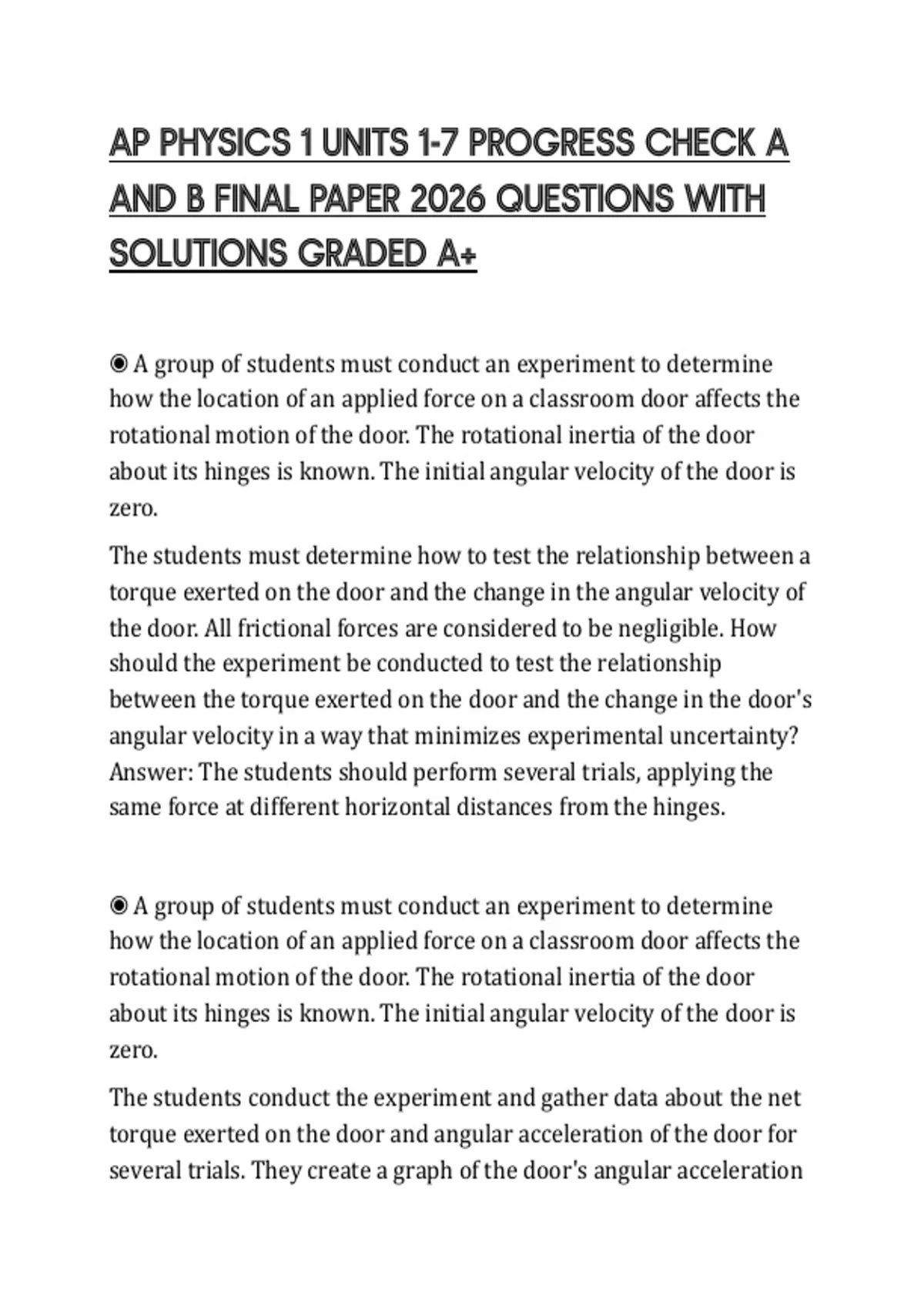 AP PHYSICS 1 UNITS 1-7 PROGRESS CHECK A AND B FINAL PAPER 2026 ...