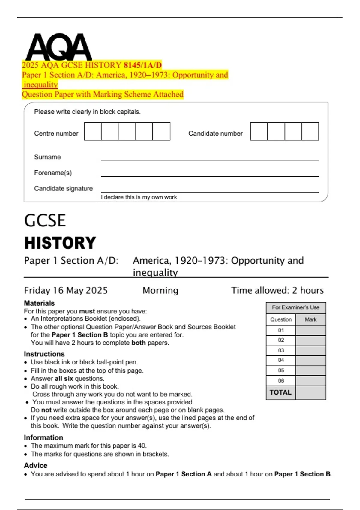 History Gcse Coursework Example 2025 AQA GCSE HISTORY 8145/1A/D Paper 1 Section A/D: America, 1920–1973 ...