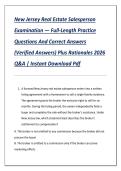 New Jersey Real Estate Salesperson  Examination &mdash; Full-Length Practice  Questions And Correct Answers  &lpar;Verified Answers&rpar; Plus Rationales 2026  Q&A &vert; Instant Download Pdf