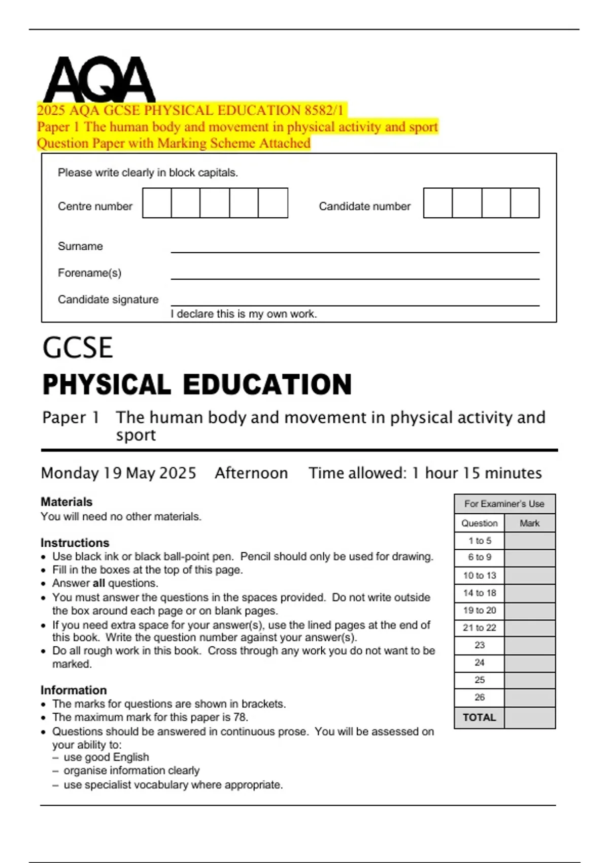 2025 AQA GCSE PHYSICAL EDUCATION 8582/1 Paper 1 The human body and ...