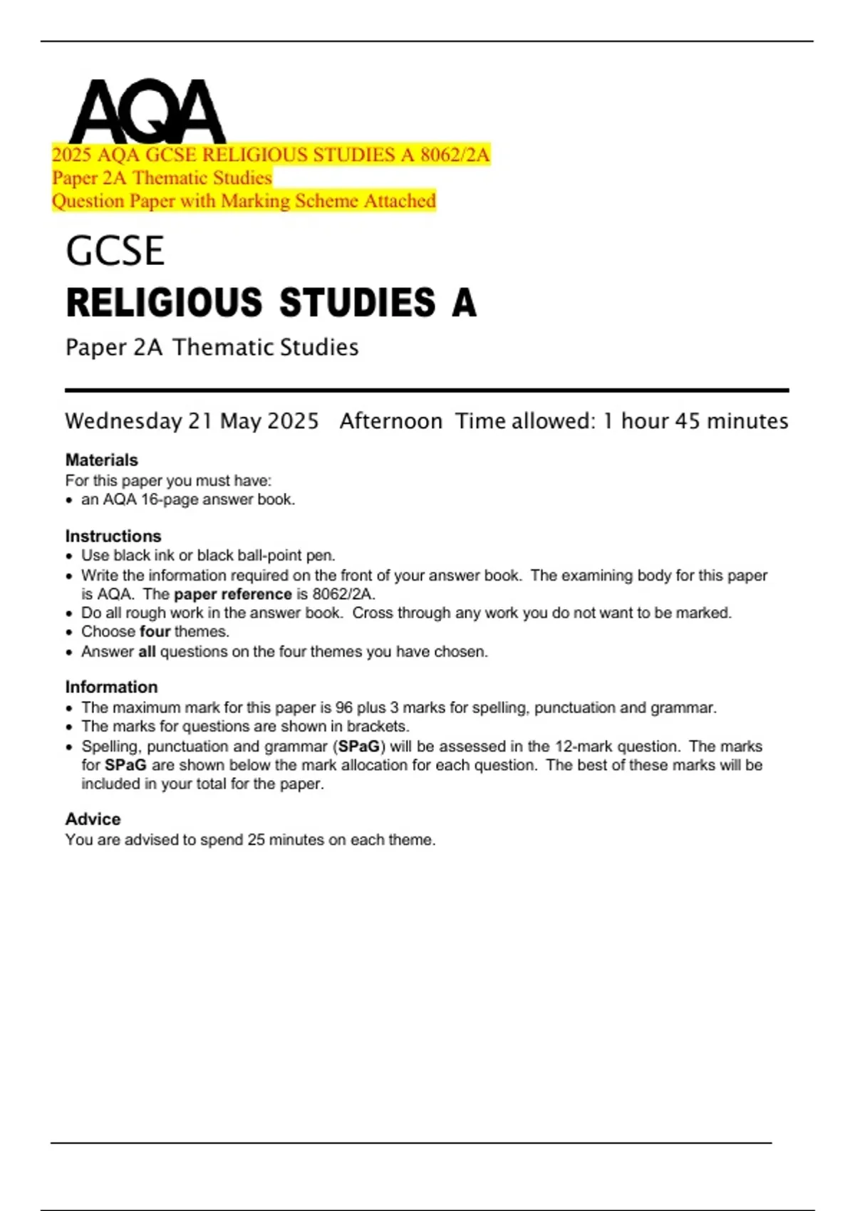 Timatic Paper 2025 AQA GCSE RELIGIOUS STUDIES A 8062/2A Paper 2A Thematic Studies ...