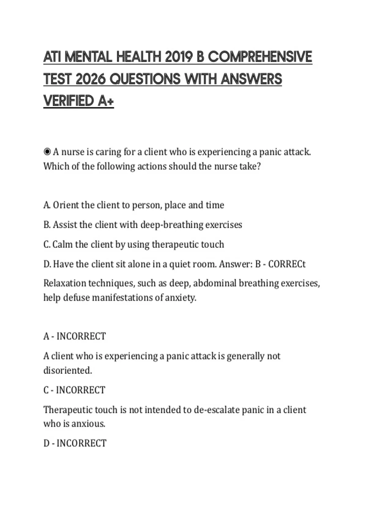 ATI MENTAL HEALTH 2019 B COMPREHENSIVE TEST 2026 QUESTIONS WITH ANSWERS ...