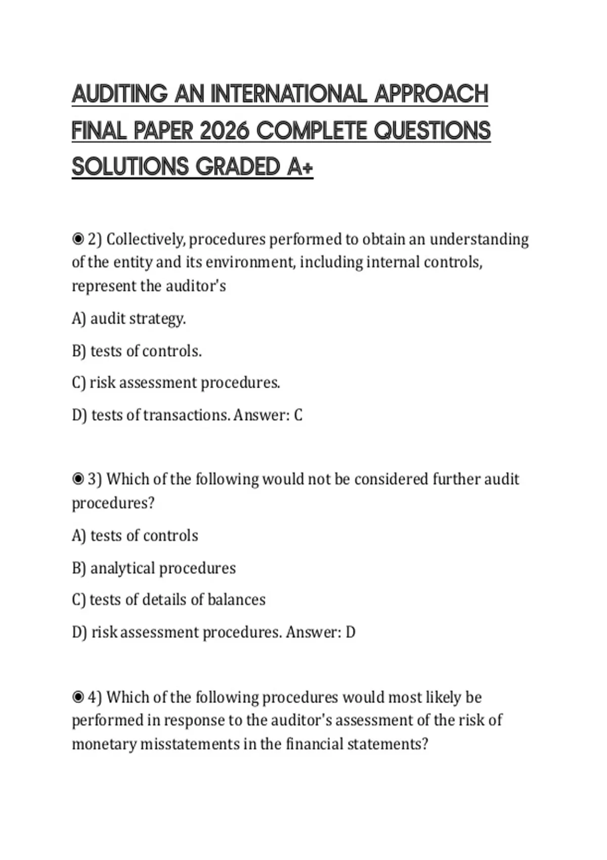 AUDITING AN INTERNATIONAL APPROACH FINAL PAPER 2026 COMPLETE QUESTIONS ...
