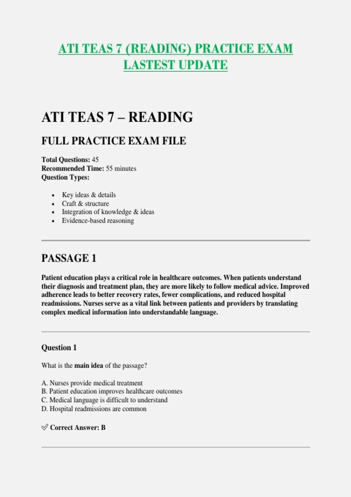 ATI TEAS 7 (READING) PRACTICE EXAM LASTEST UPDATE - Nursing - Stuvia US