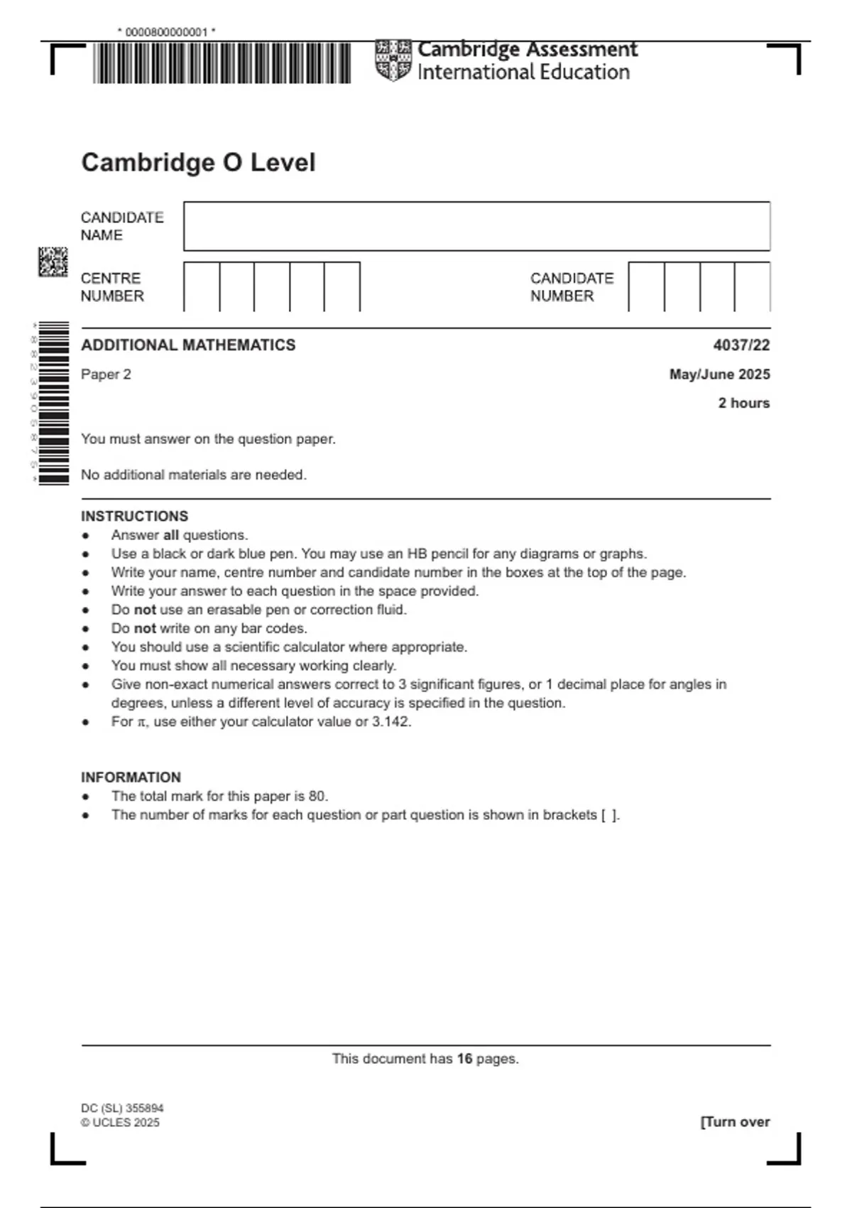 Cambridge O Level Additional Mathematics 4037/22 Paper 2 | May/June ...